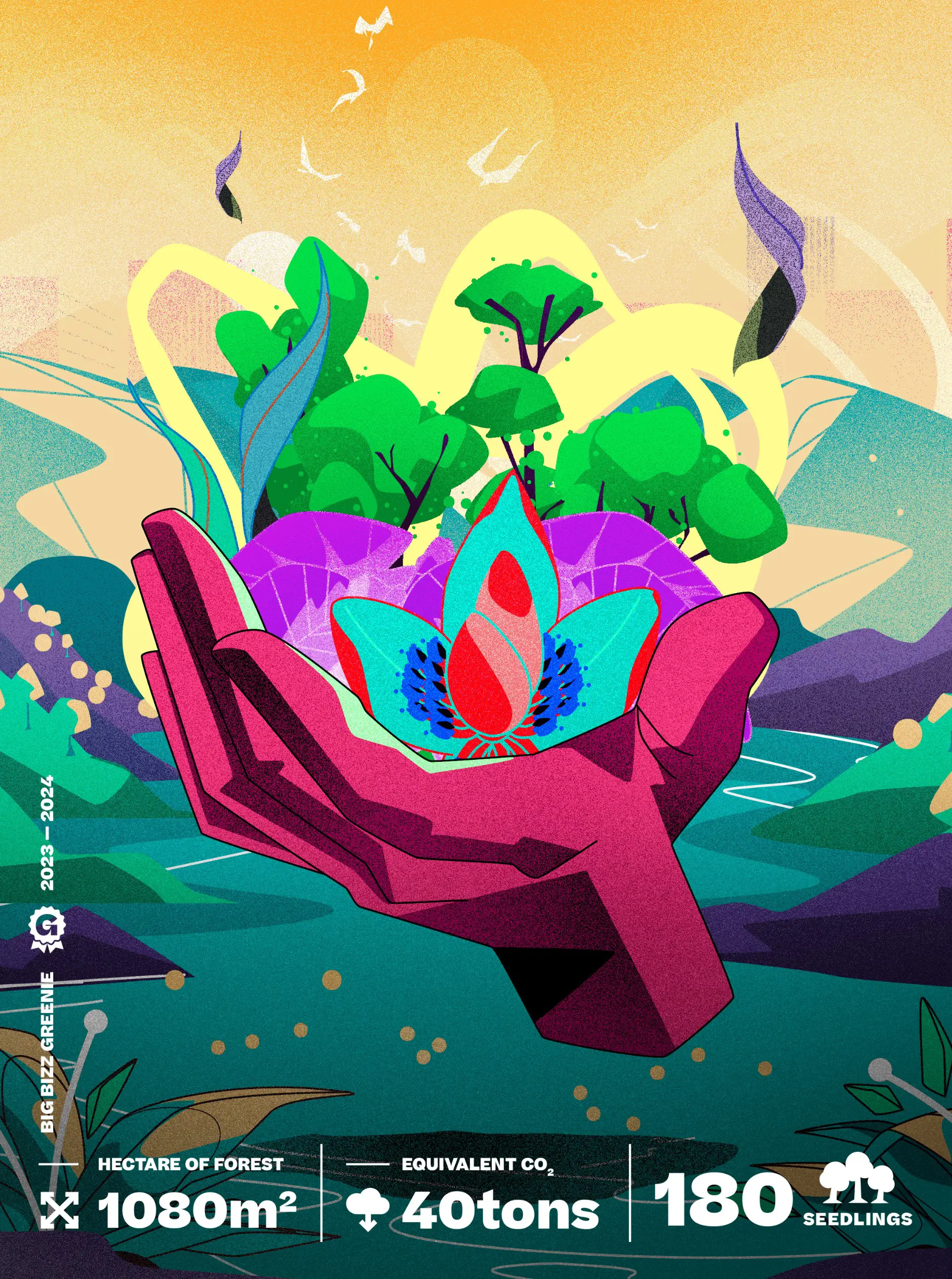 Abstract illustration of a large purple hand holding a colorful flower with trees and hills in the background, with text showing forest impact data: 1080 square meters, 40 tons CO2, and 180 seedlings.
