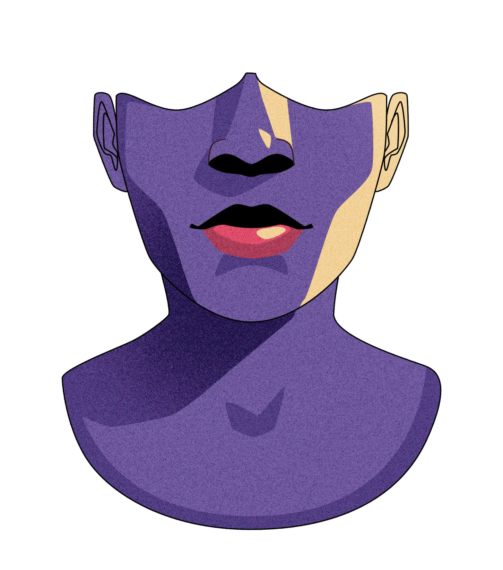 Abstract illustration of a face and neck shaded mainly in purple with a beige accent on one side and pink lips.