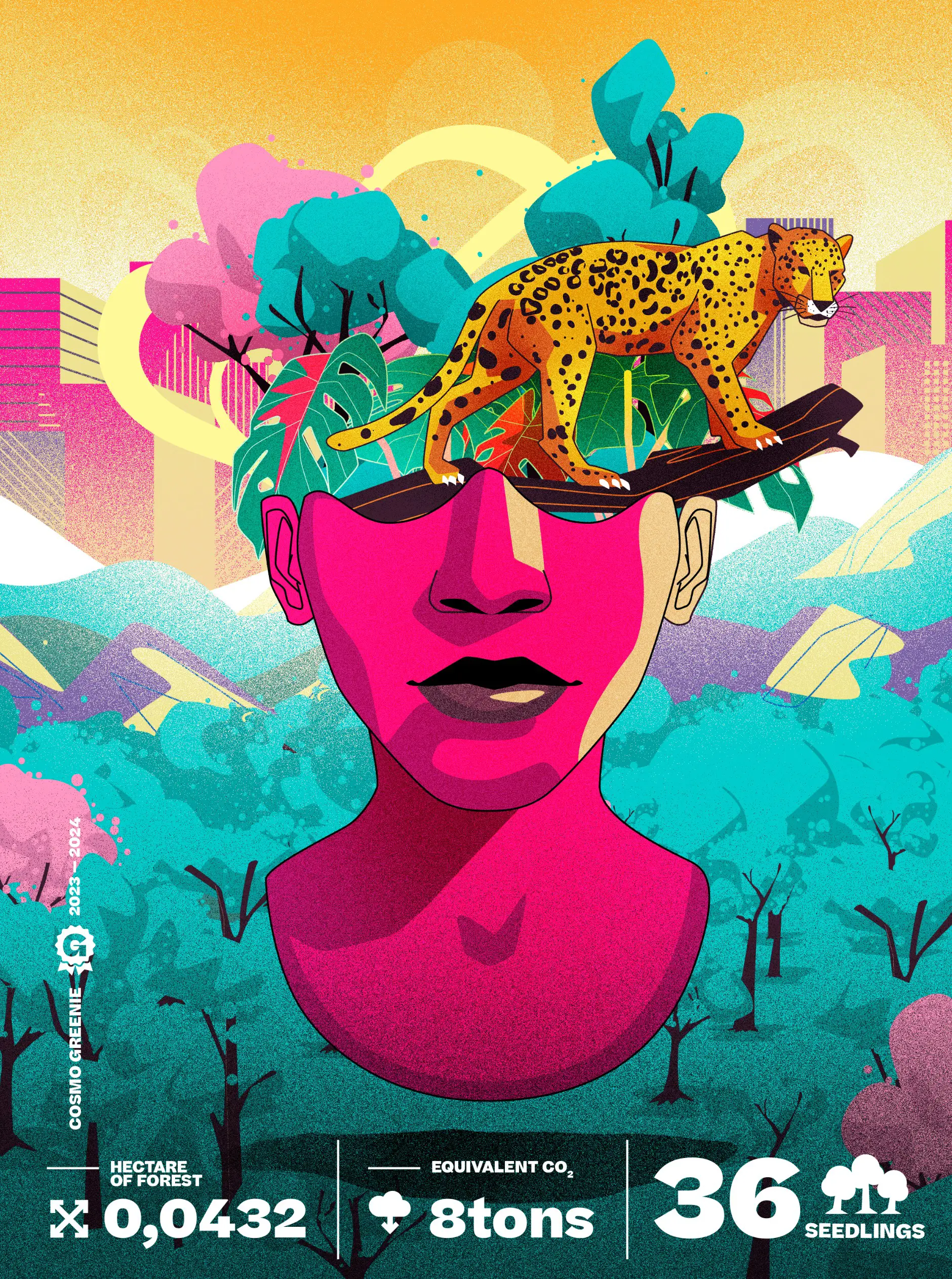 Abstract vibrant illustration of a pink human head with a jaguar walking on a branch atop, surrounded by lush green foliage and a city skyline, showing forest and CO2 equivalence data.
