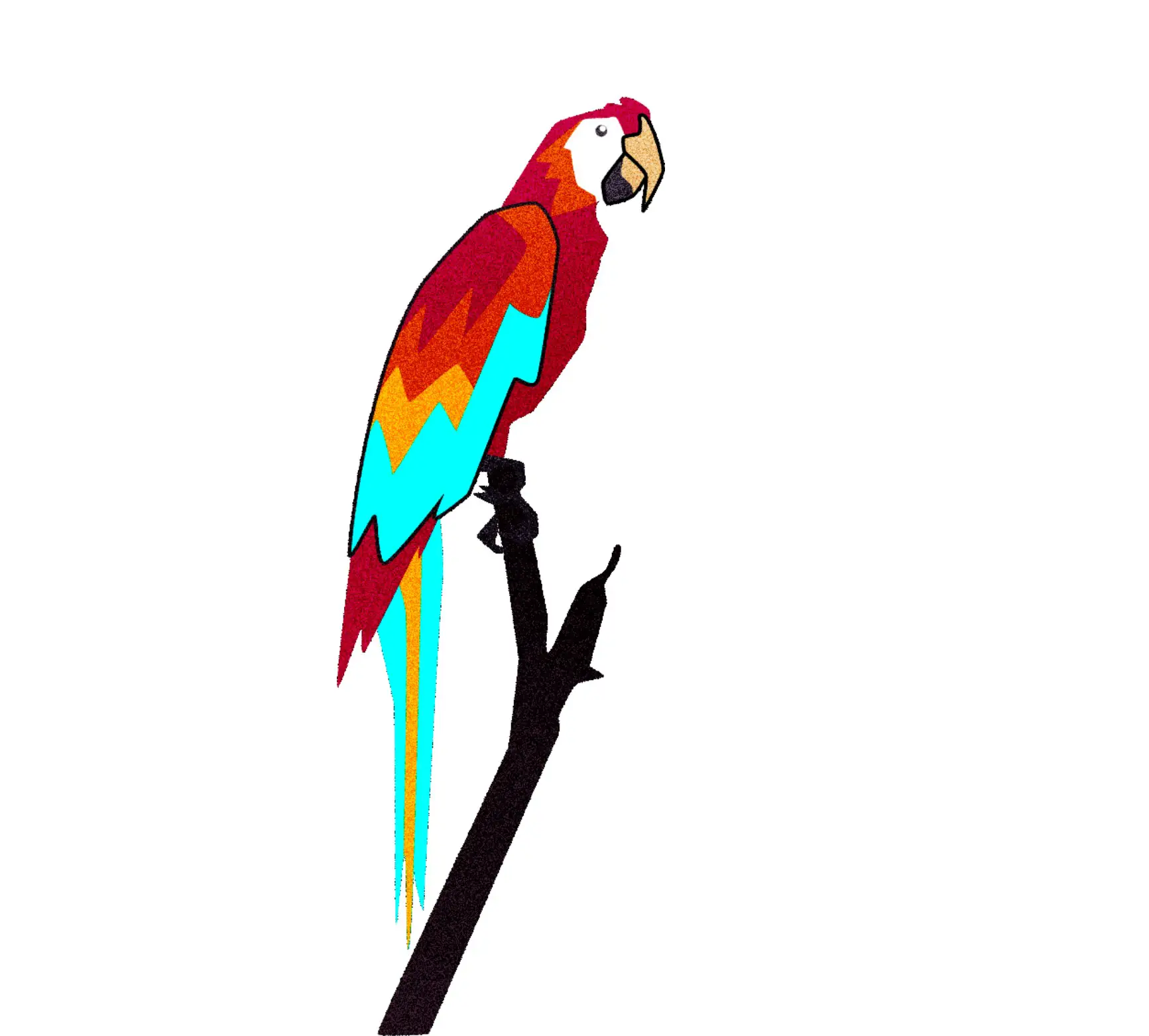 Colorful parrot with red, orange, yellow, and blue feathers perched on a black branch.