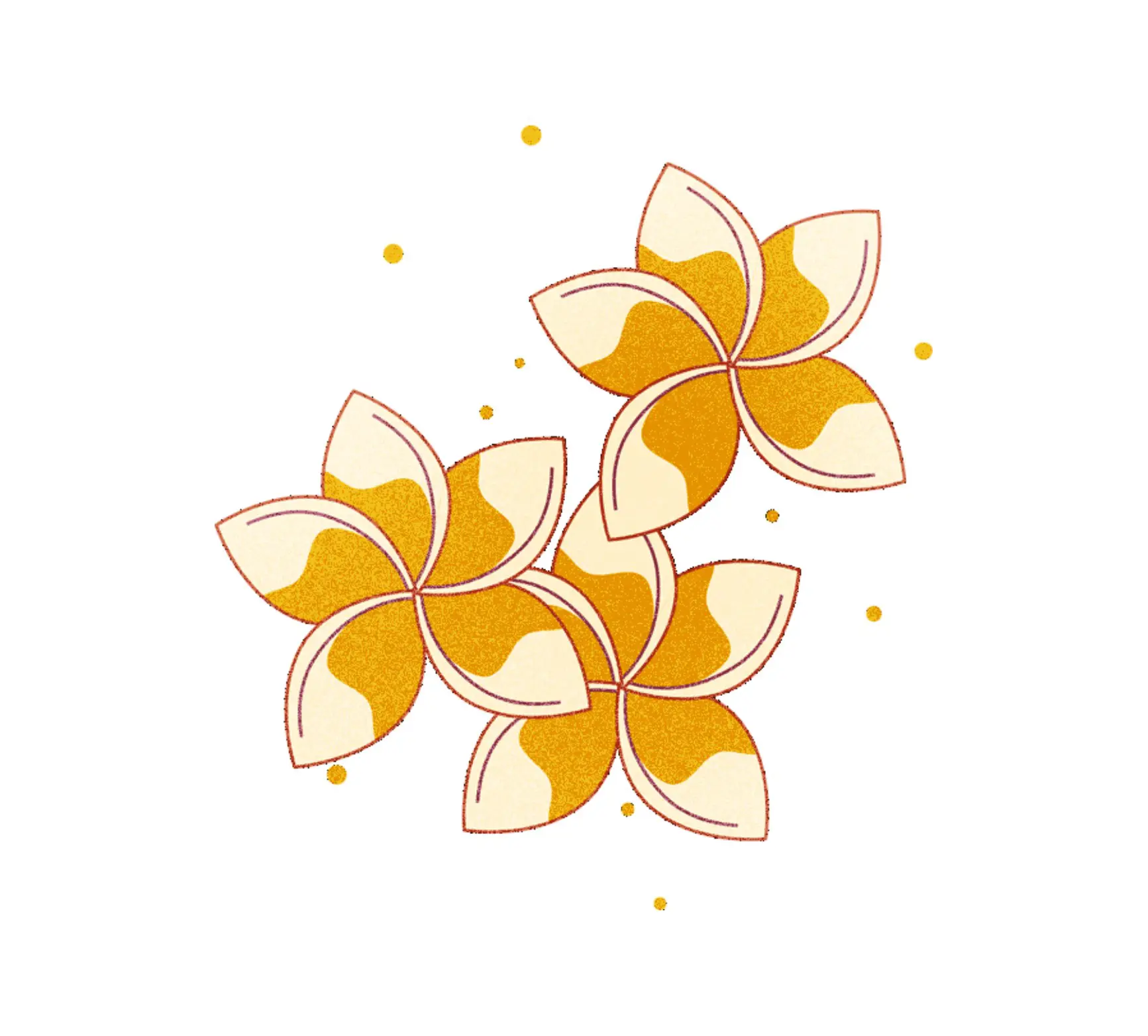 Three stylized orange and cream five-petal flowers with scattered small orange dots on a white background.