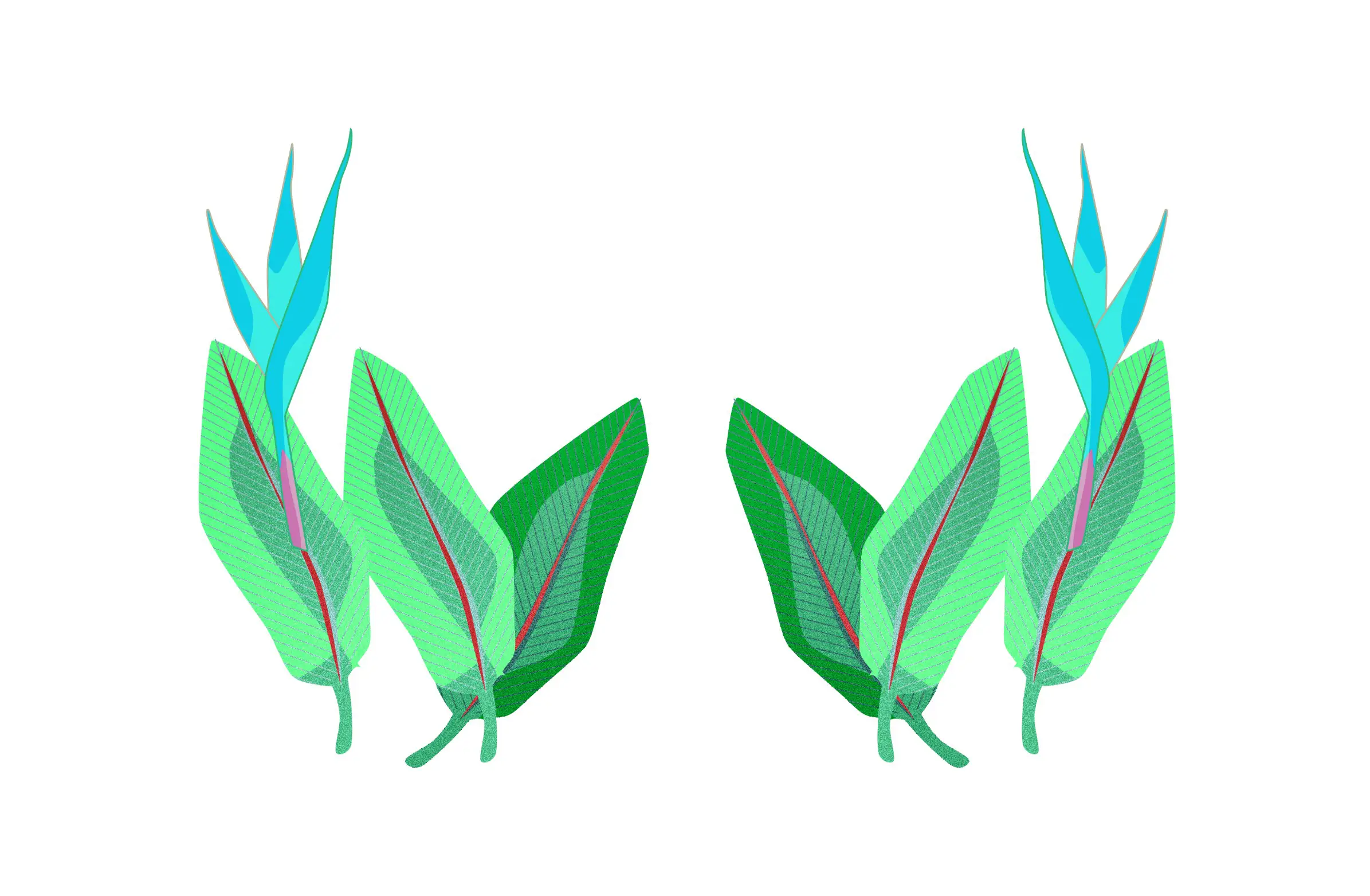 Symmetrical digital illustration of two green heliconia plants with turquoise flowers and red veins on leaves.