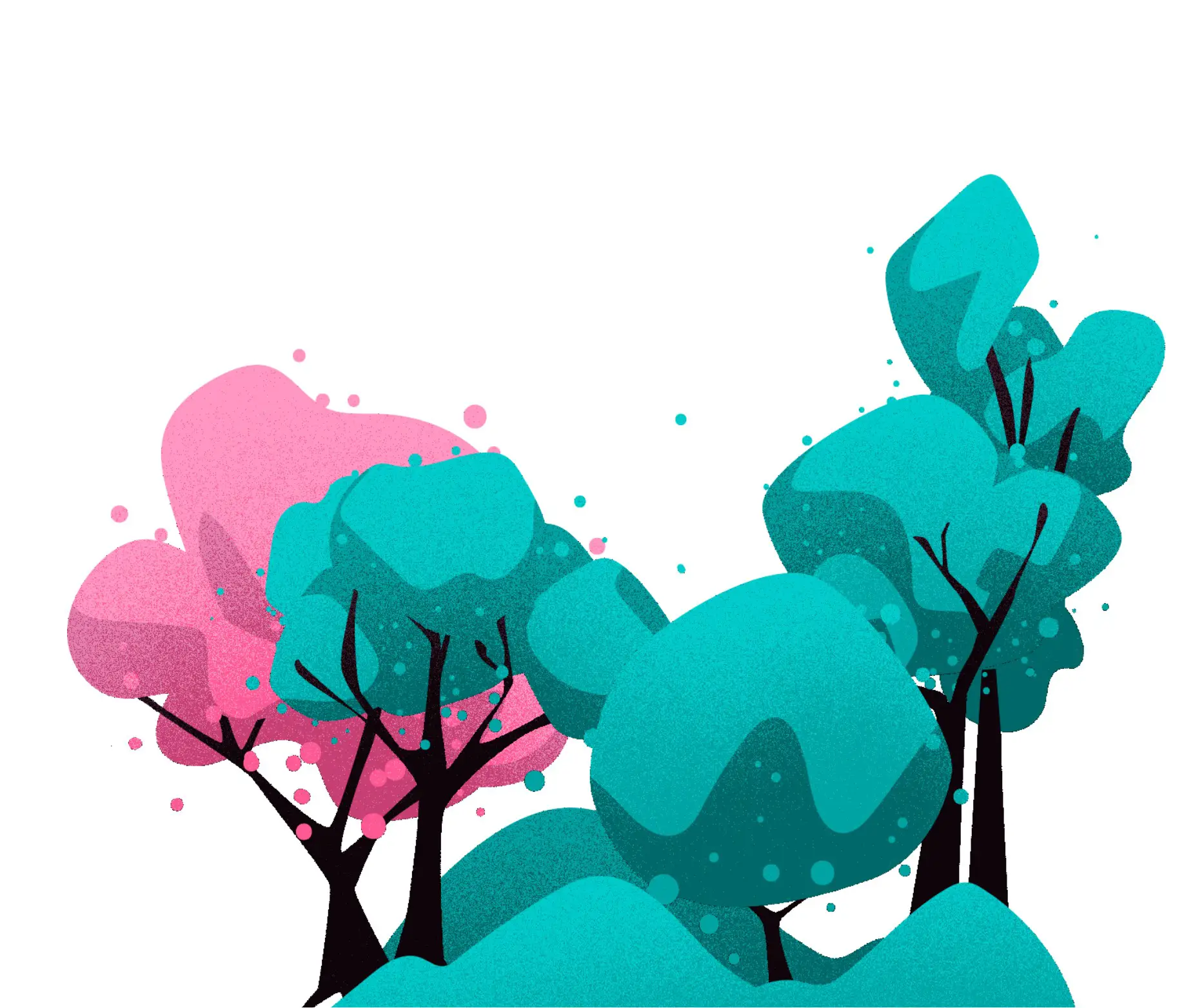 Stylized illustration of trees with turquoise and pink rounded foliage on a white background.