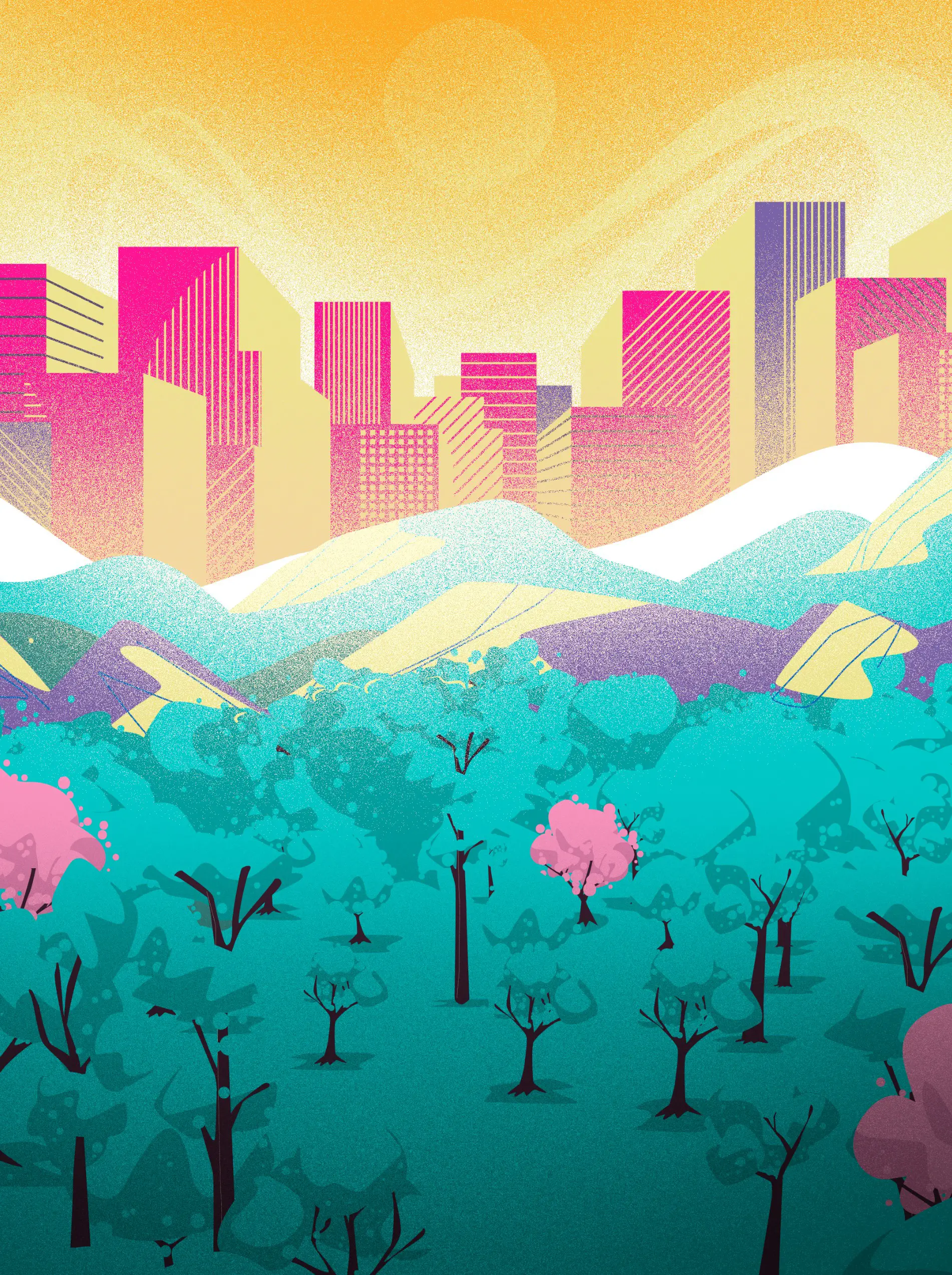 Stylized city skyline with pink and yellow buildings behind rolling hills and a forest of teal and pink trees under a golden sky.