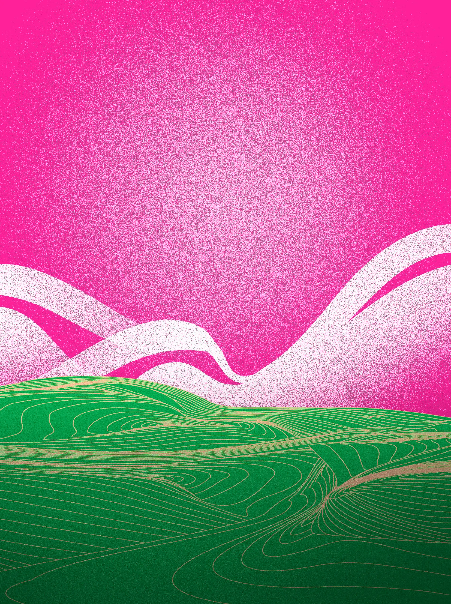 Graphic illustration of green rolling hills with contour lines under a bright pink sky with white swirling clouds.