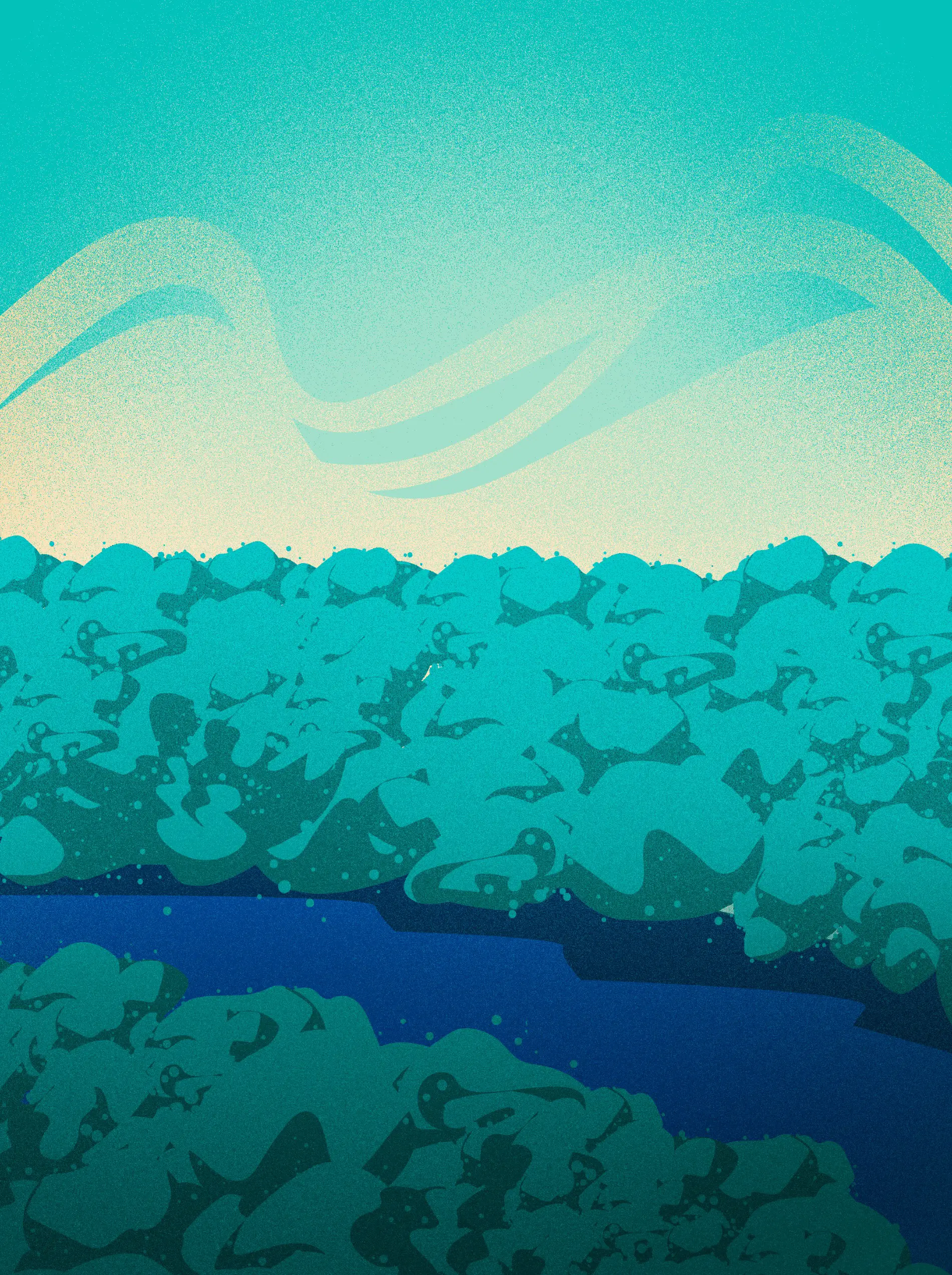 Abstract illustration of a blue river winding through dense green-blue foliage under a textured gradient sky.