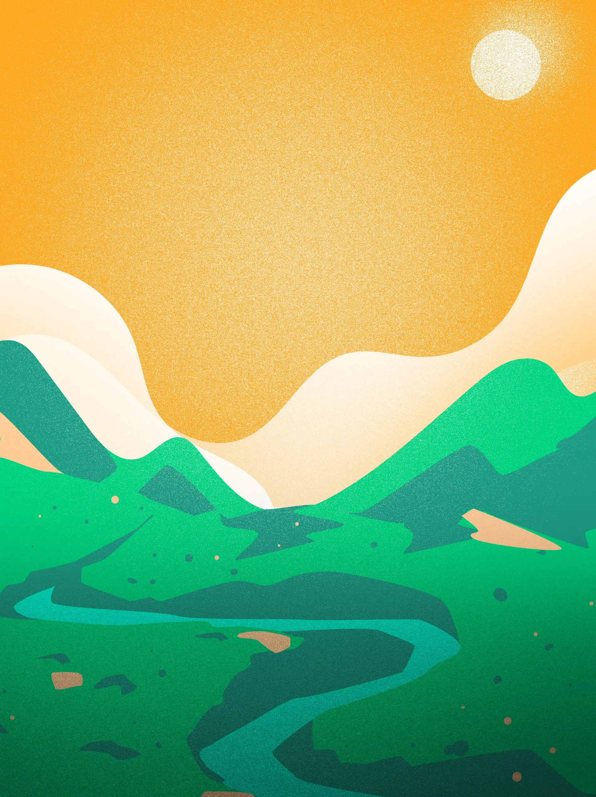Abstract landscape illustration of green hills and winding river under an orange sky with a bright sun.