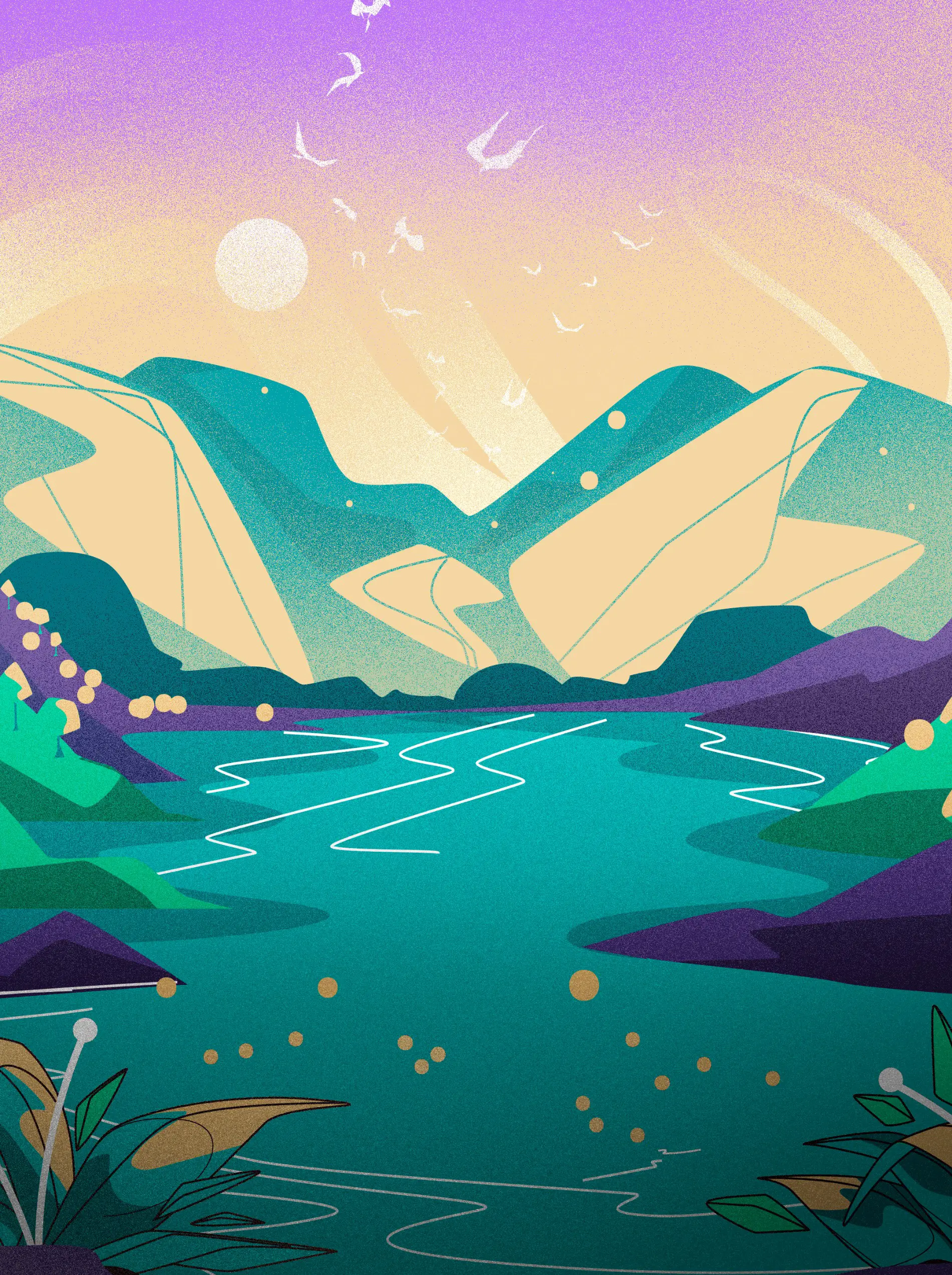 Stylized landscape illustration of a turquoise river flowing between green and purple hills with abstract mountains and birds under a purple and beige sky.