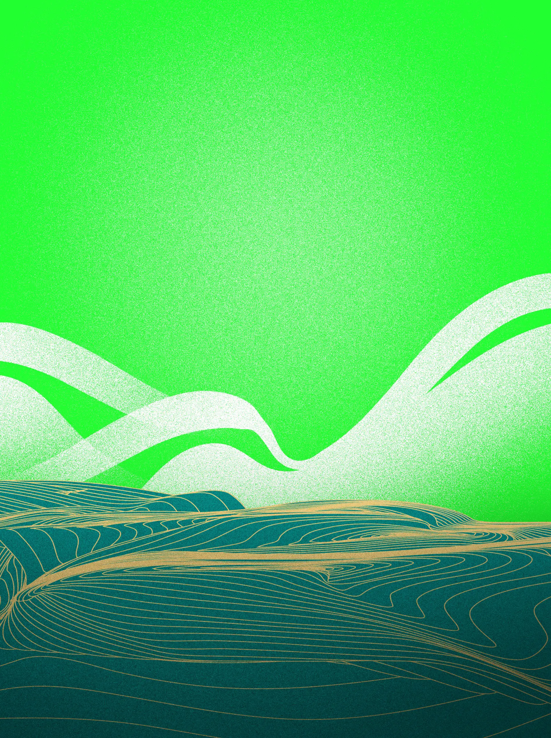 Abstract landscape with green sky and blue hills outlined by thin golden lines, featuring white flowing wave shapes in the background.