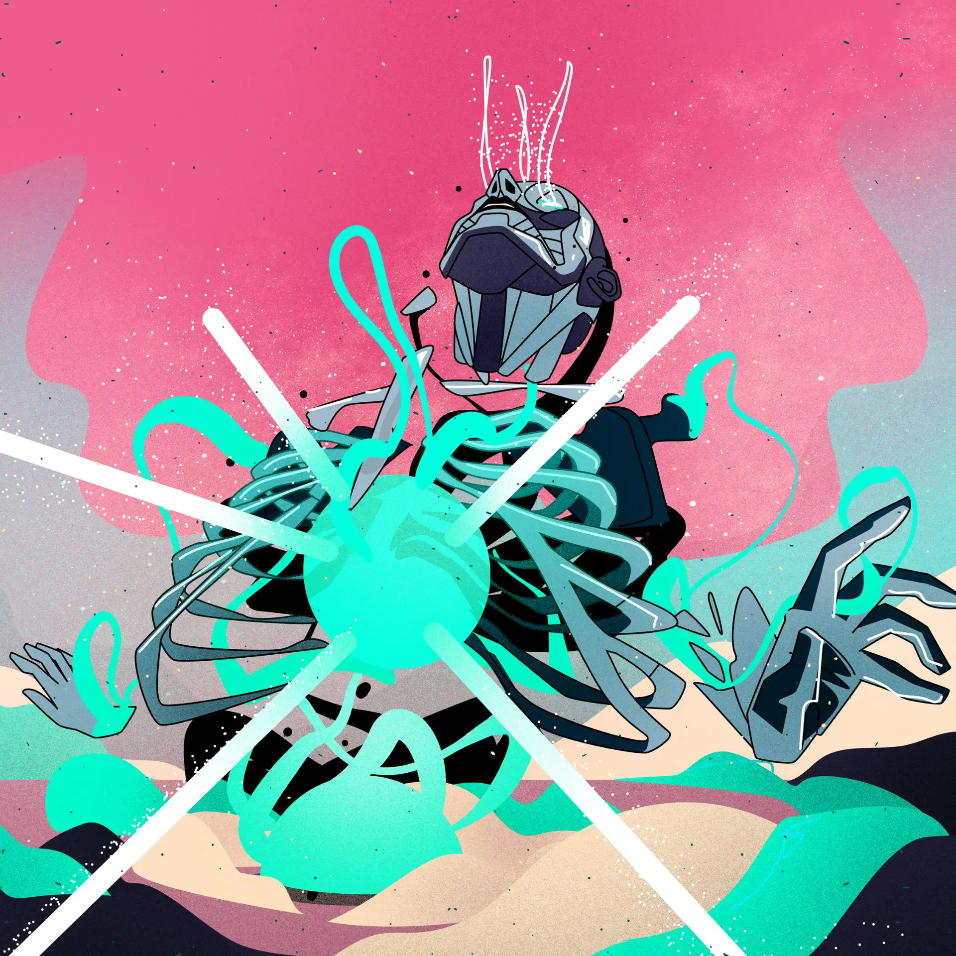Abstract digital artwork of a futuristic robotic figure with exposed rib-like structures and glowing blue-green energy emitting beams from its chest against a pink and gray background.