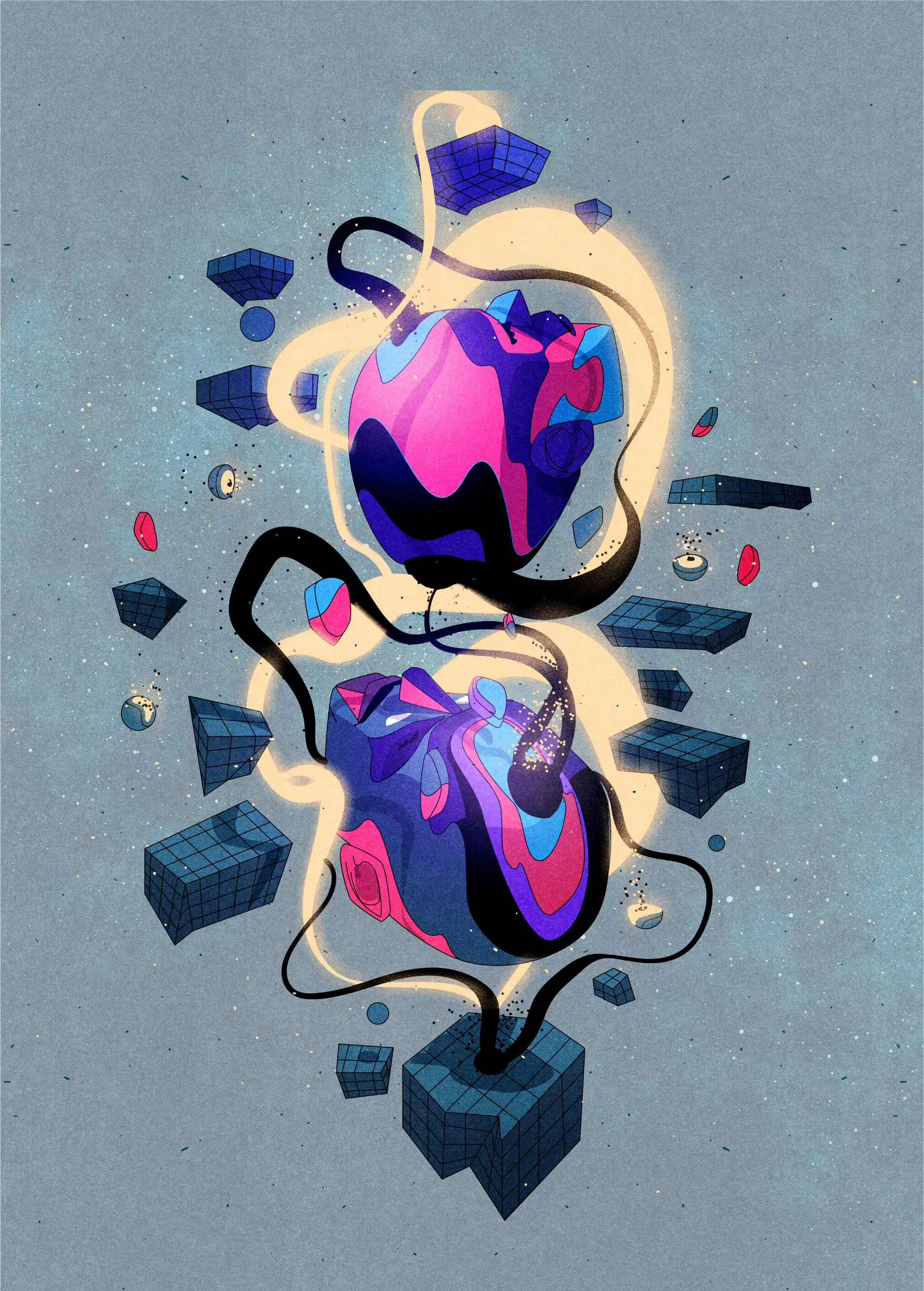 Abstract digital artwork of two vibrant, interconnected organic shapes with pink, purple, and blue tones surrounded by floating dark blue geometric blocks and glowing swirling lines on a textured gray background.
