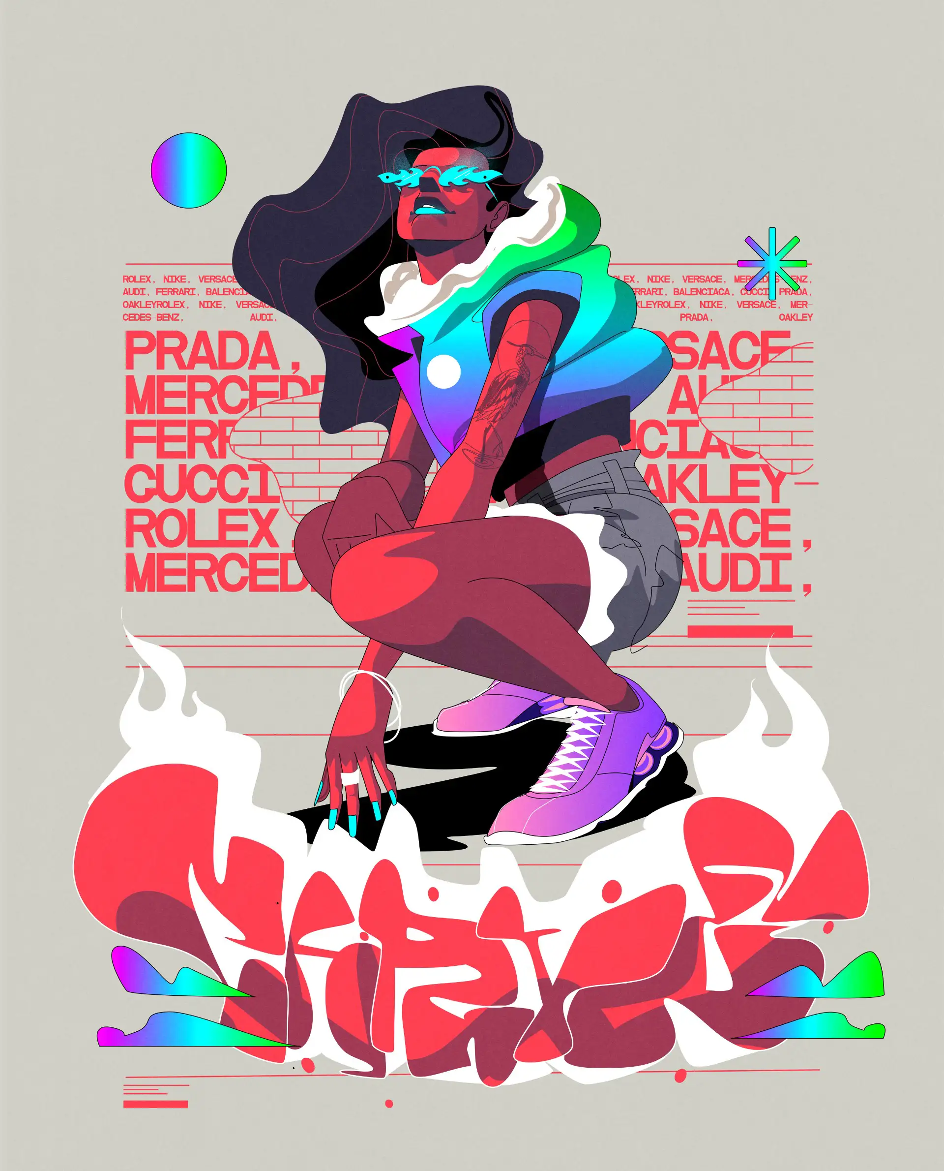 Stylized digital art of a woman with long dark hair, squatting and wearing a colorful sleeveless jacket, gray shorts, purple sneakers, and fish-shaped glasses, against a background with red words and graffiti-style red and white flames.