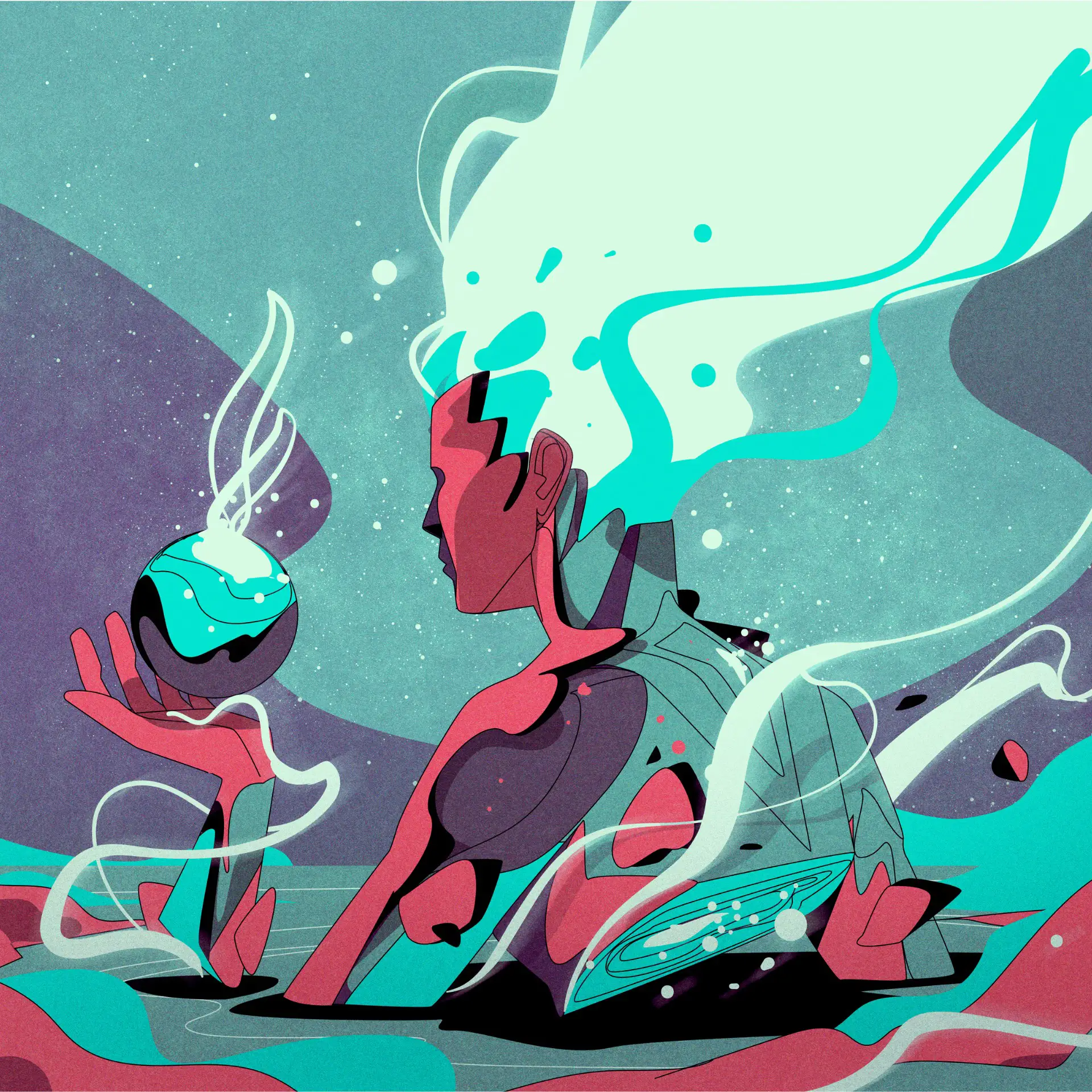 Abstract figure with flowing white and teal hair holding a glowing orb with steam against a cosmic background.