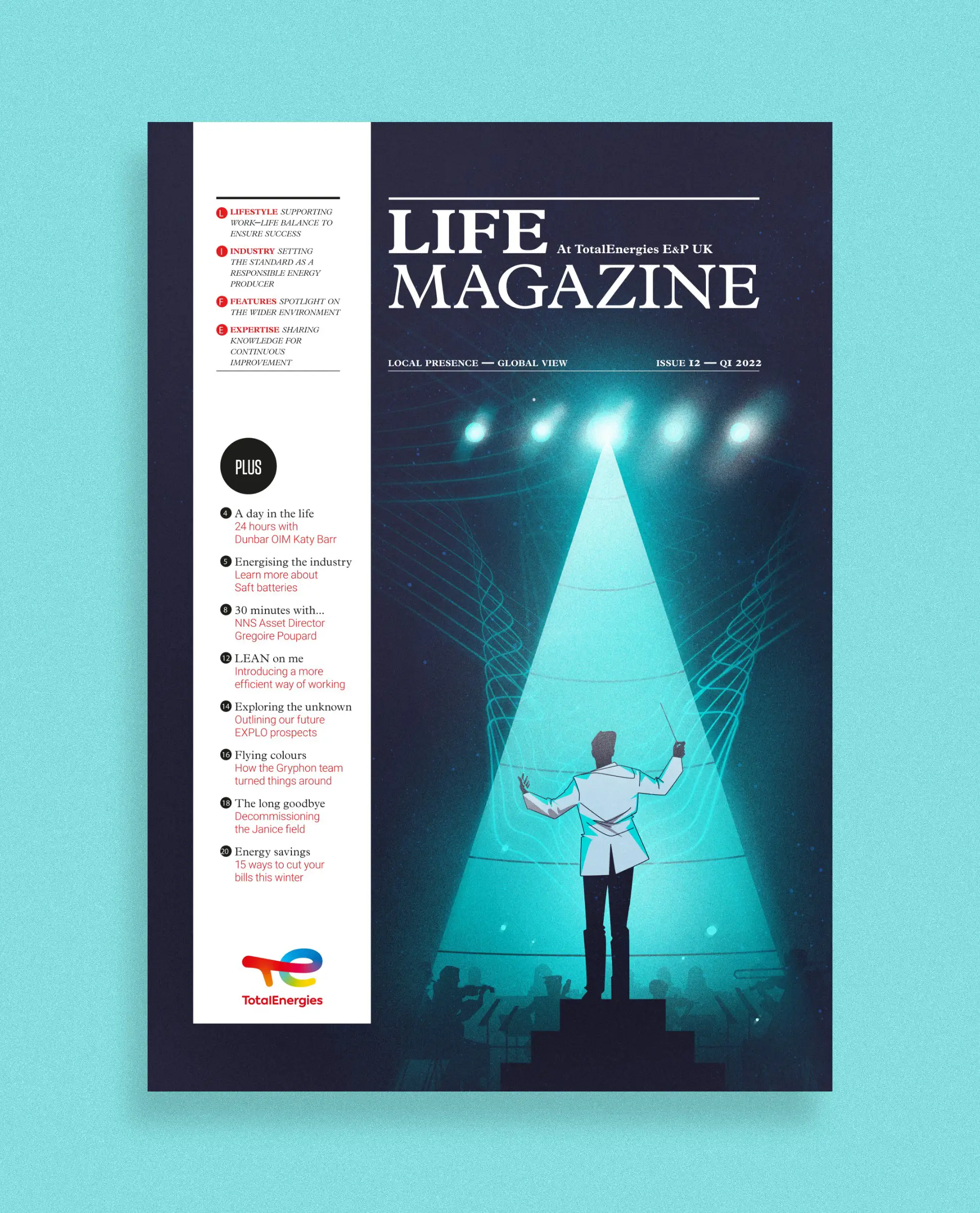 Cover of LIFE MAGAZINE by TotalEnergies E&P UK showing an illustration of a conductor leading an orchestra under a bright spotlight with digital wave patterns.