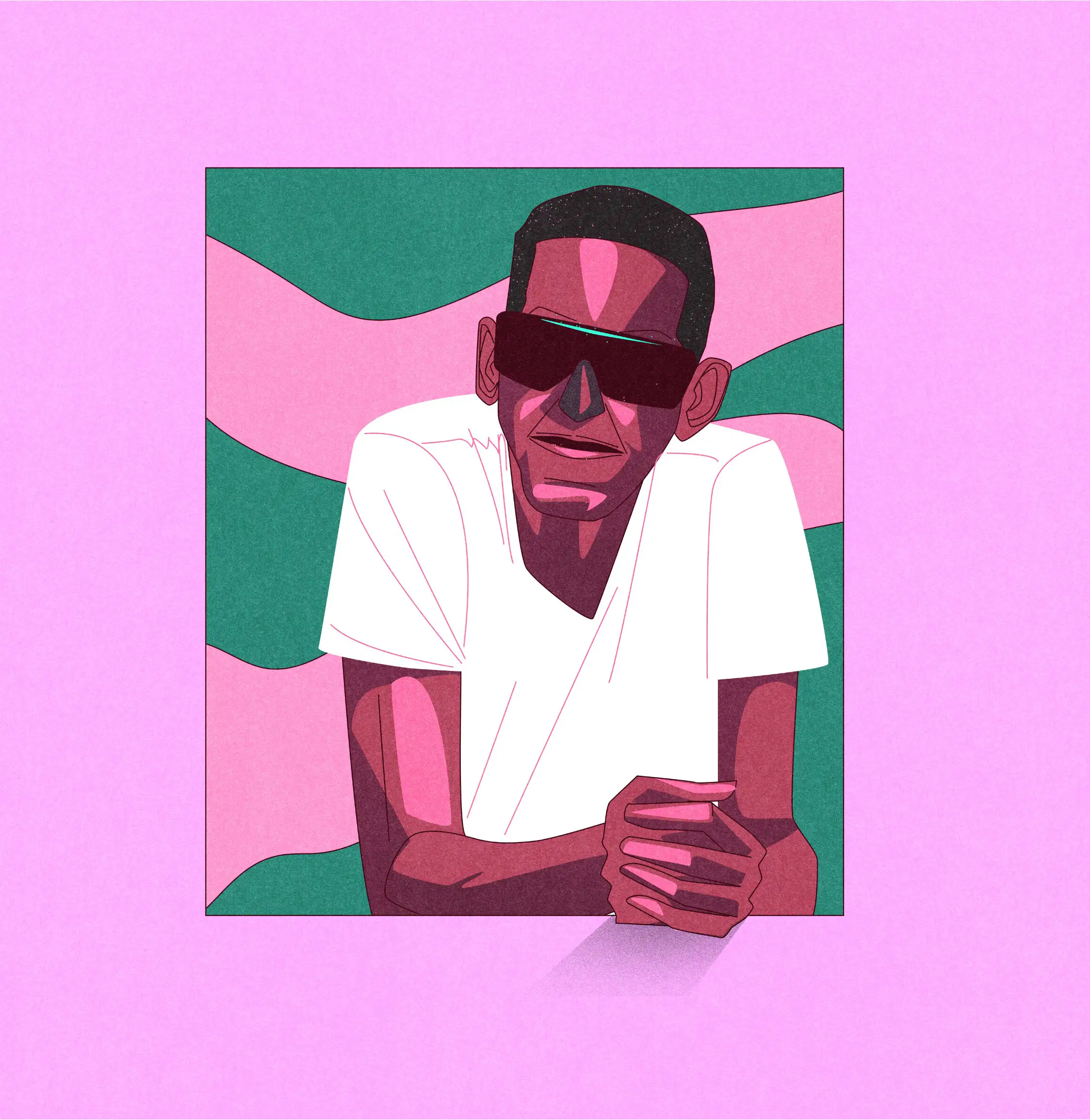 Stylized illustration of a man wearing black sunglasses and a white t-shirt, leaning forward with hands clasped, against a green and pink wavy background on a solid pink square.
