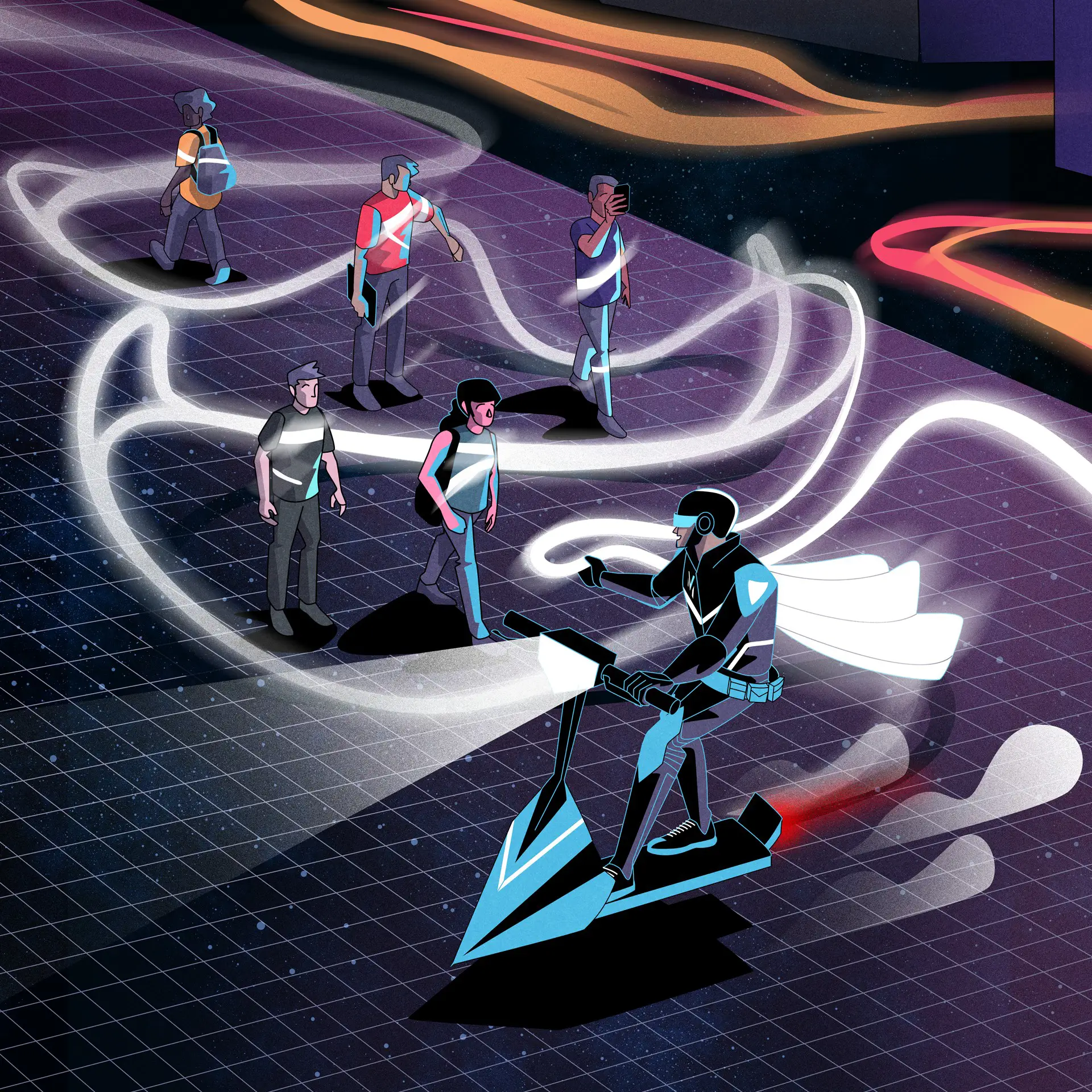 Futuristic illustration of a person riding a glowing blue scooter pointing forward, leaving bright trails behind, while five people walk nearby on a grid-patterned surface.