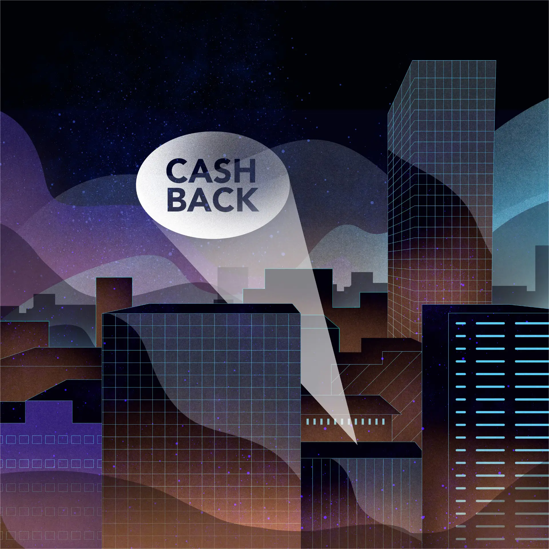 City skyline at night with a spotlight projecting the words 'CASH BACK' into the sky.