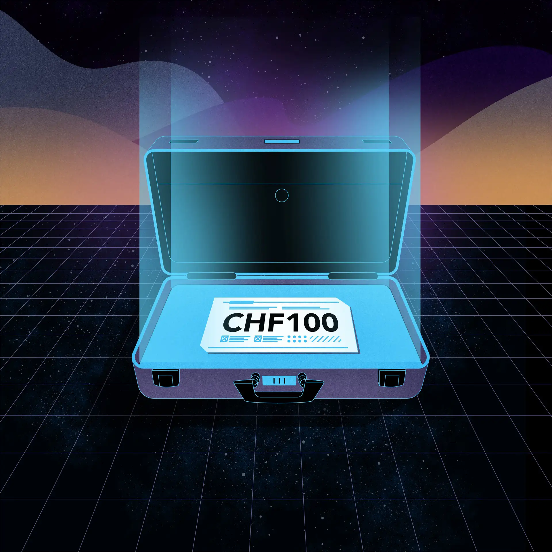 Open briefcase with a document inside displaying 'CHF 100' against a futuristic grid and colorful abstract background.