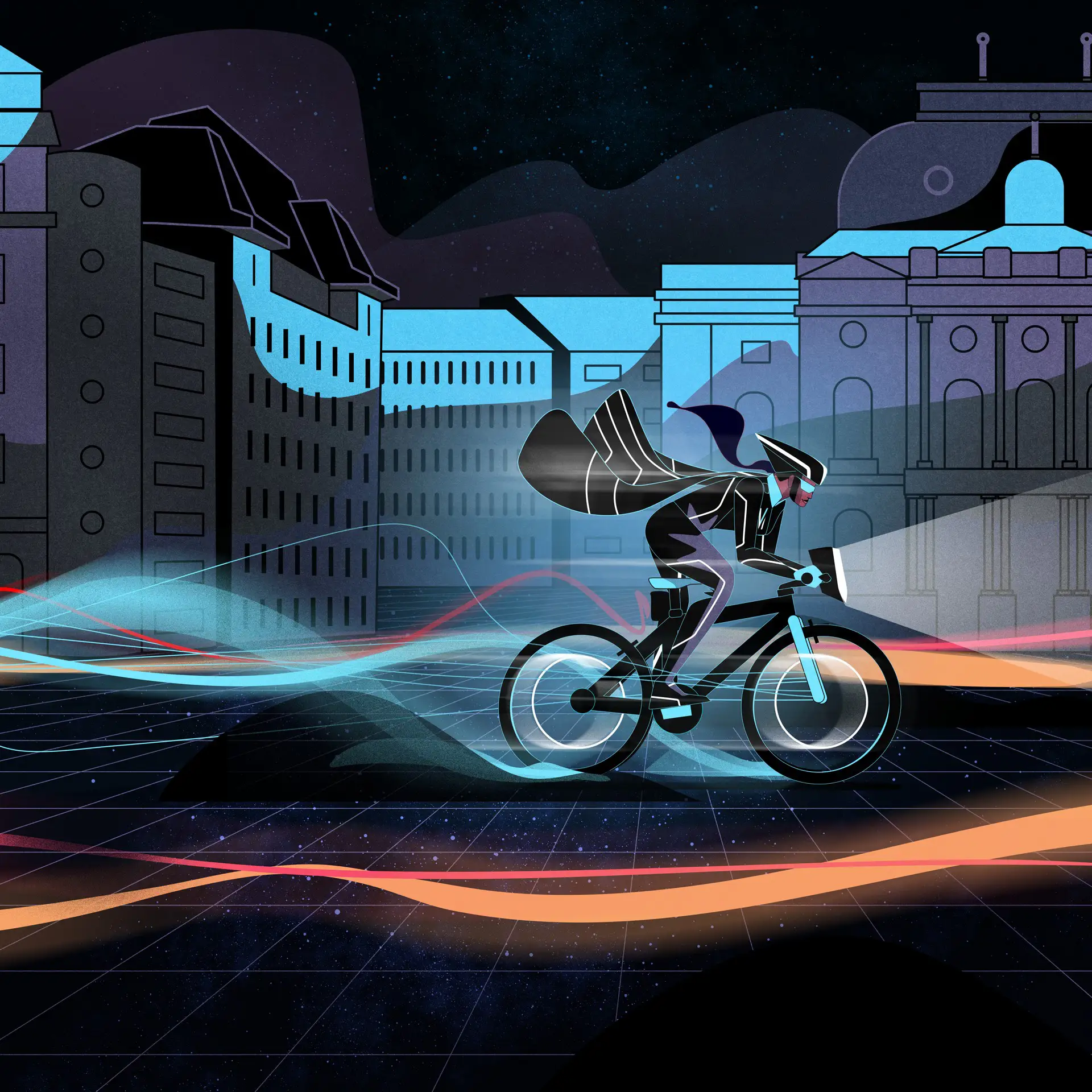 Stylized cyclist in futuristic gear riding a bike at night in a cityscape with dynamic light trails and illuminated buildings.