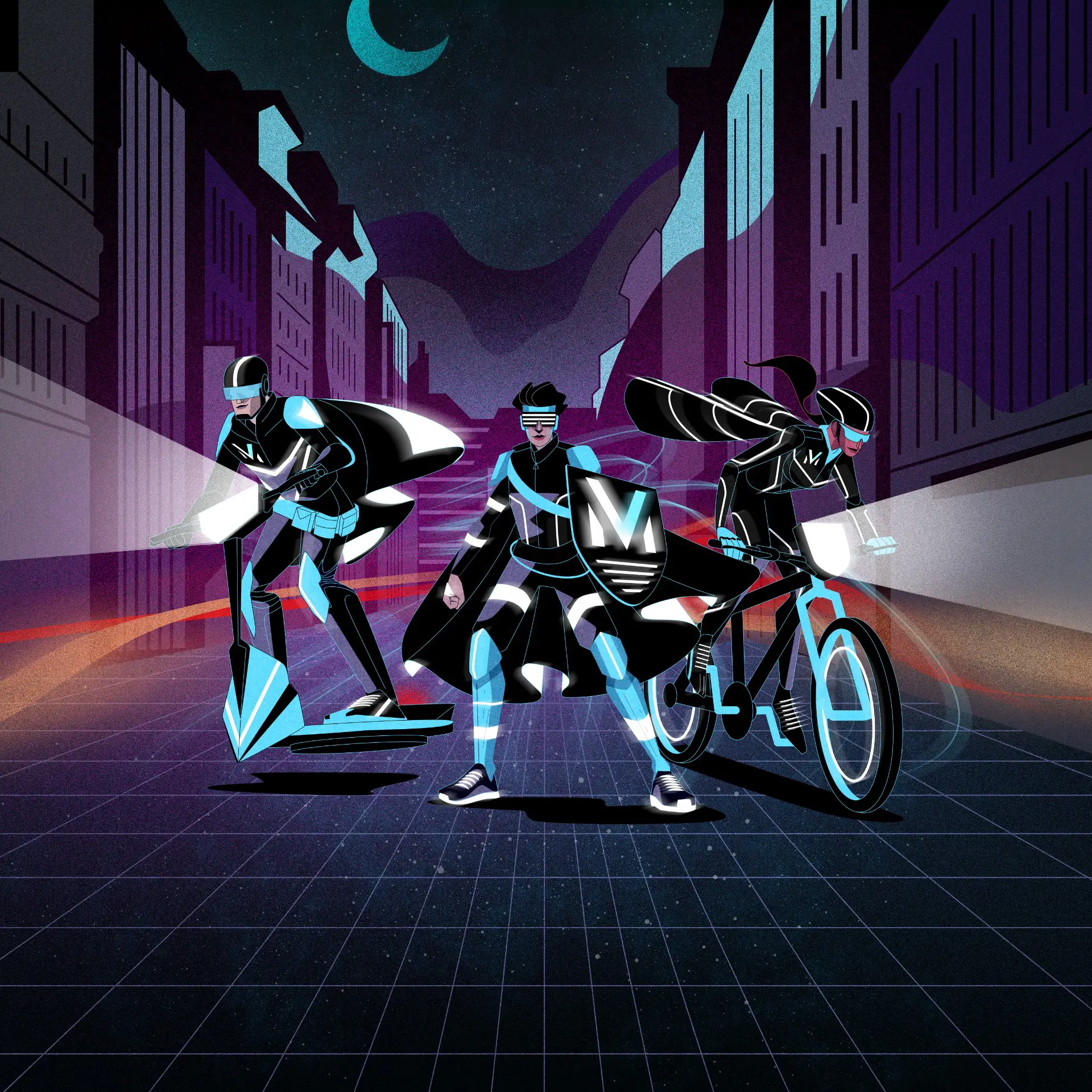Three futuristic figures in glowing suits and helmets at night; one on a hoverboard, one standing with a light-emitting shield, and one riding a glowing bicycle in a city street.