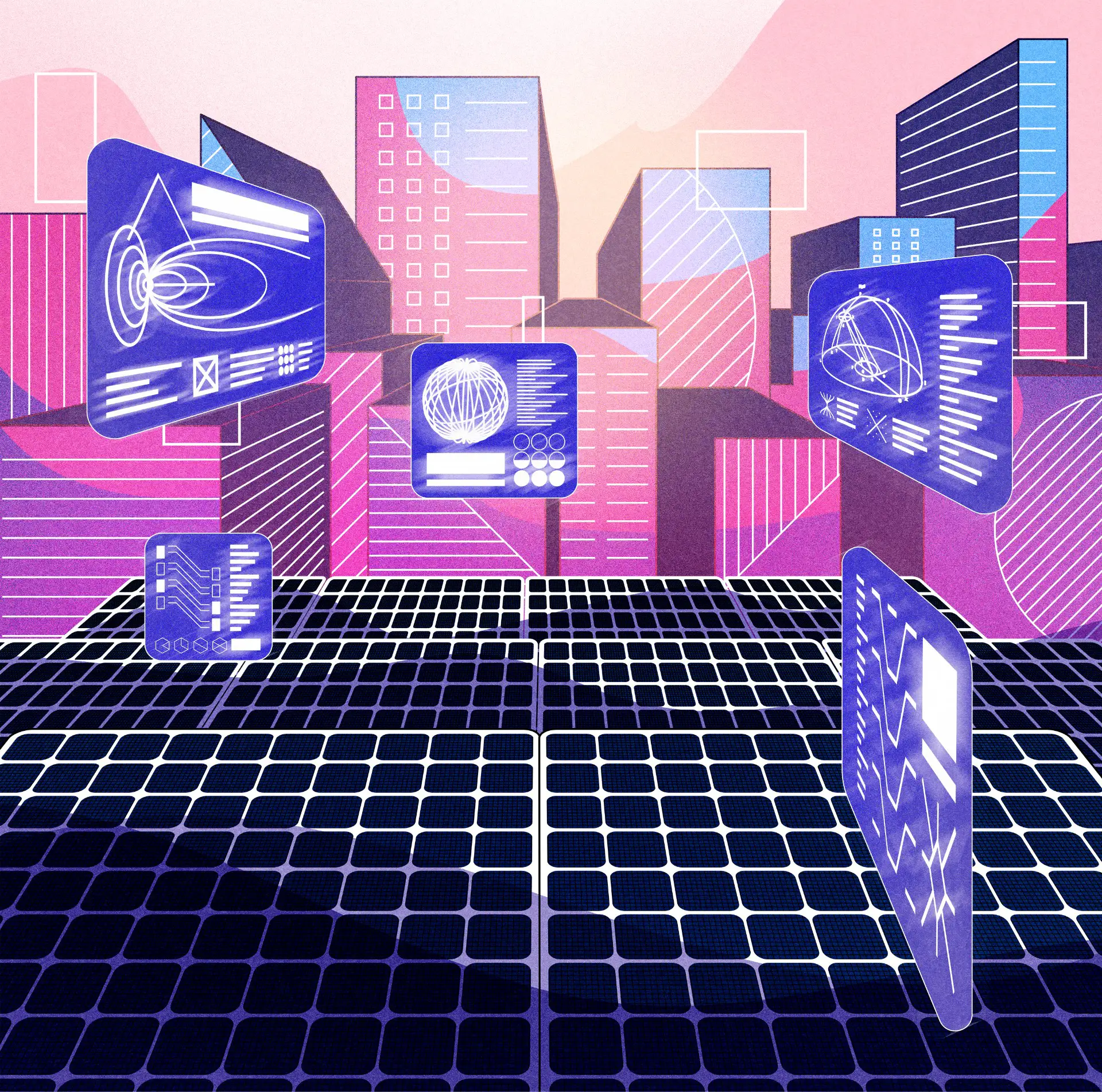 Futuristic cityscape with digital blue information panels floating above solar panels, set against pink and purple skyscrapers.