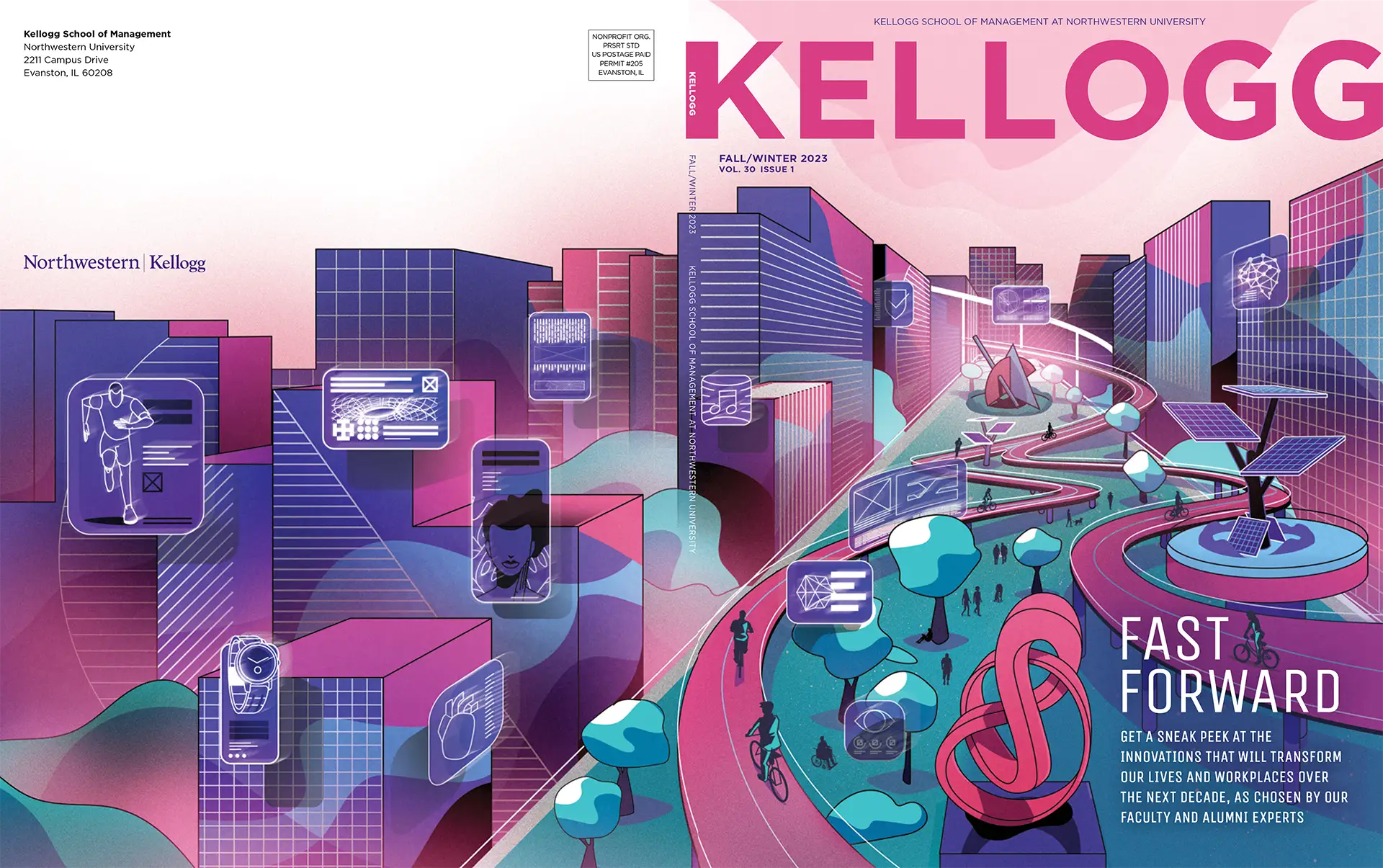 Illustrated cityscape with futuristic buildings, digital icons, cyclists on winding pink paths, and text about innovations at Kellogg School of Management.