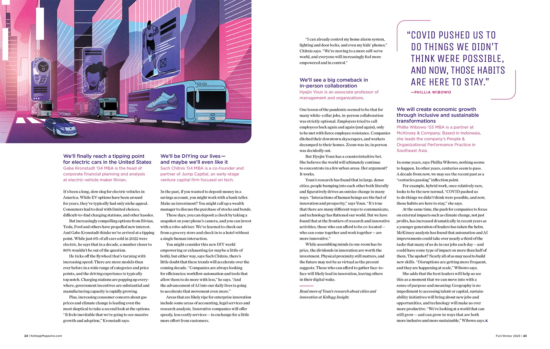 Illustration of a futuristic city street with electric buses and cars under large digital advertisements featuring a watch, a person, and a sneaker.