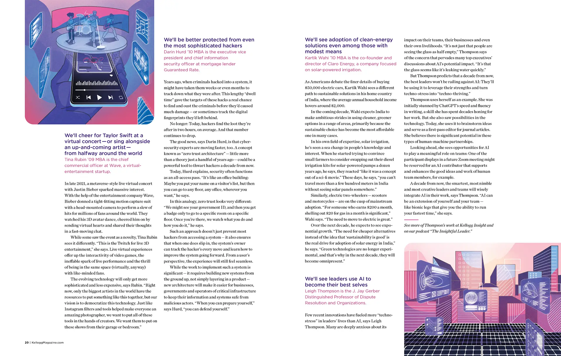 Two-page magazine spread with articles on virtual concerts, cybersecurity, clean-energy adoption, and AI leadership, featuring futuristic digital illustrations and stylized text.