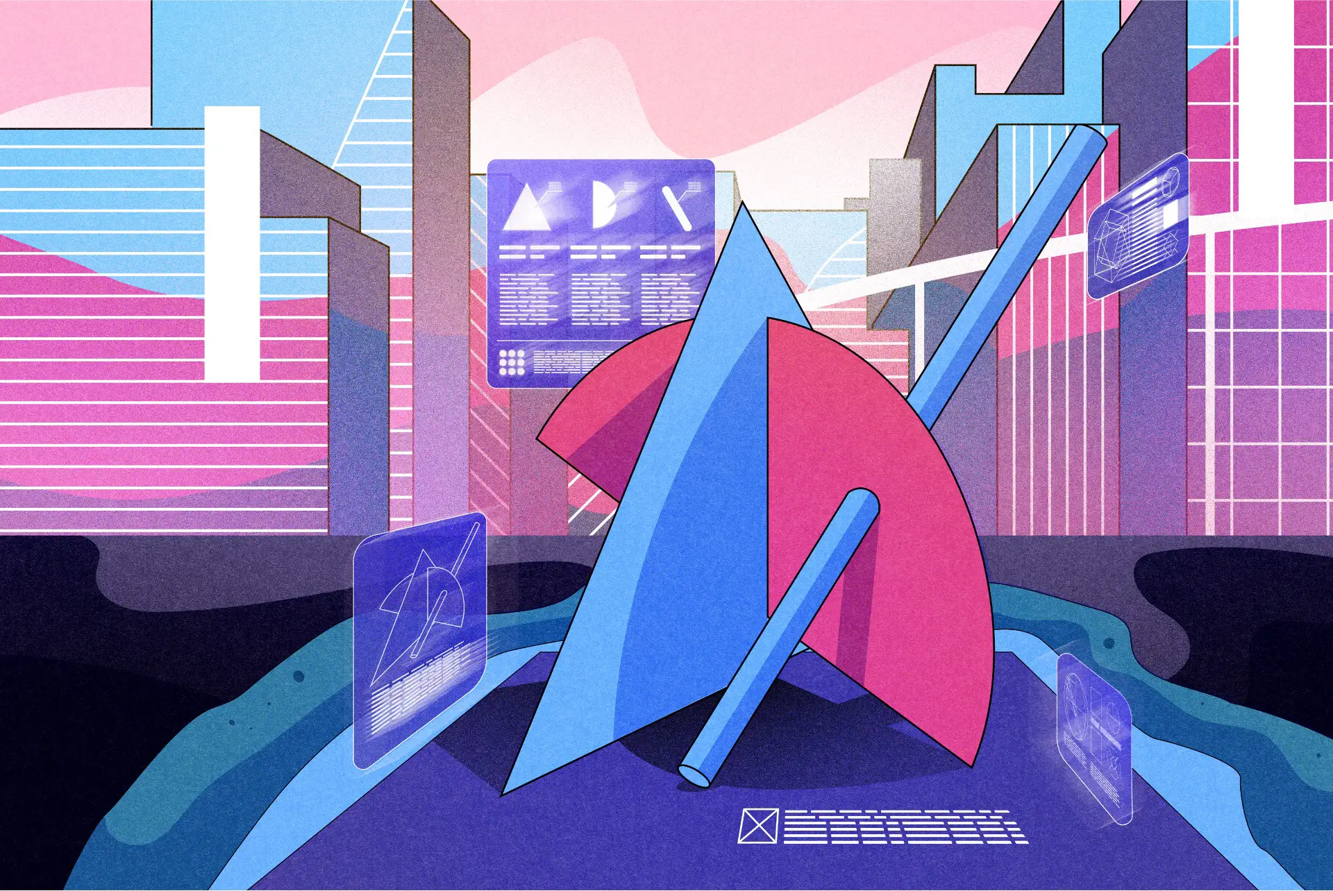 Futuristic cityscape with tall buildings, a central abstract geometric sculpture, and floating holographic data panels.