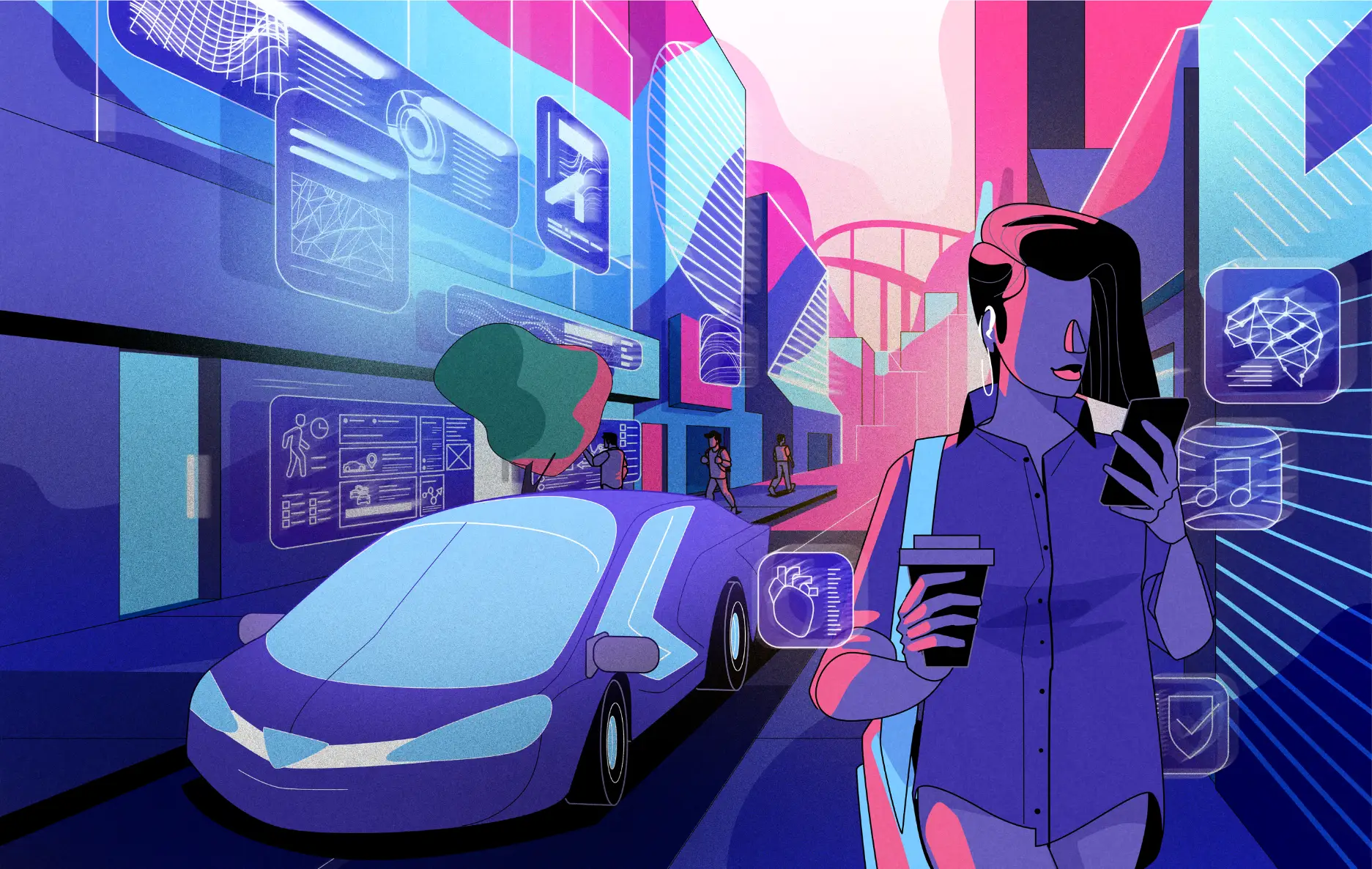 Digital illustration of a woman holding a coffee cup and looking at her phone on a futuristic city street with a parked car and digital holographic icons around.