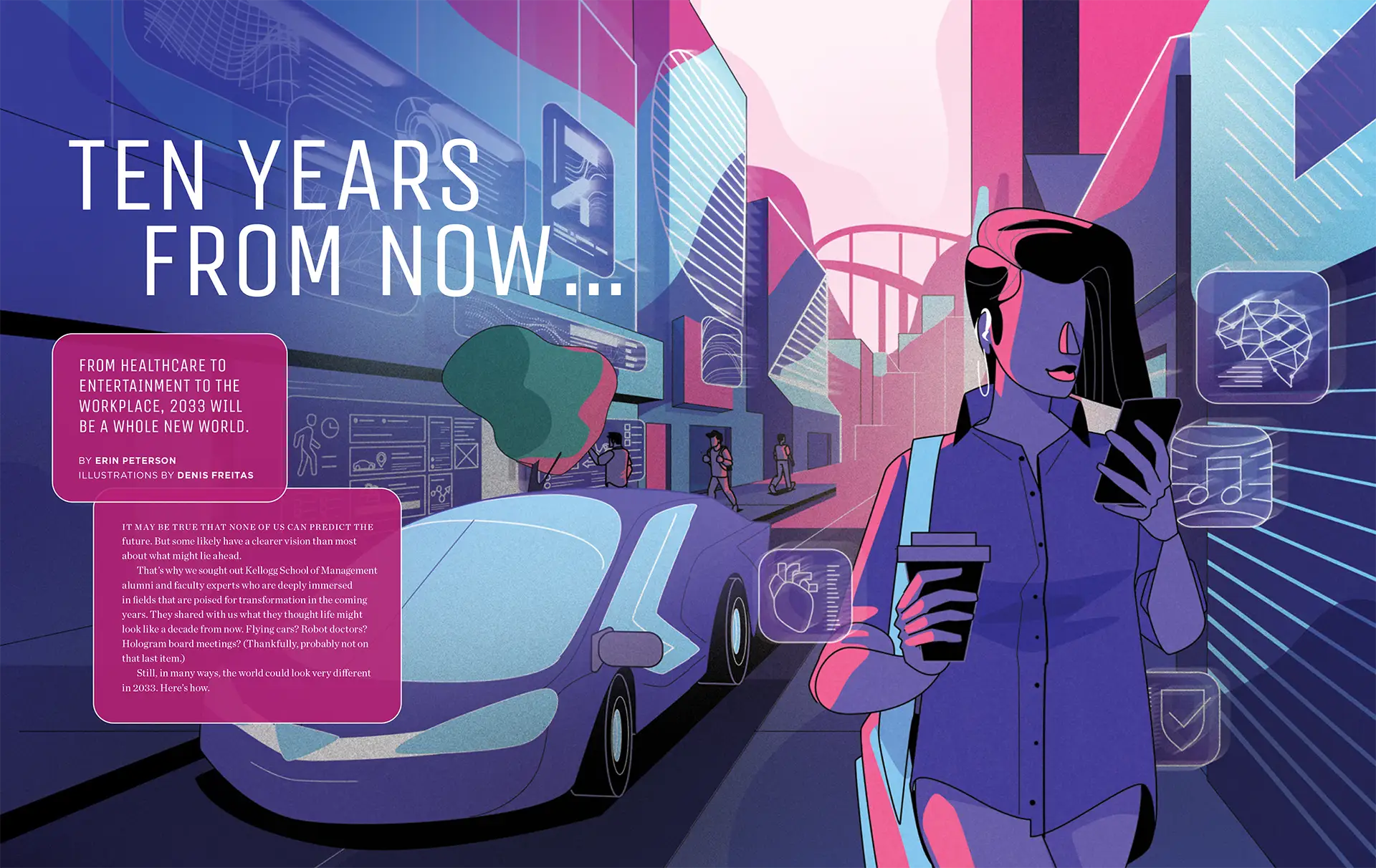 Illustration of a futuristic city street with a sleek autonomous car and a woman holding a coffee cup and smartphone, surrounded by digital icons for heart, music, brain, and shield.