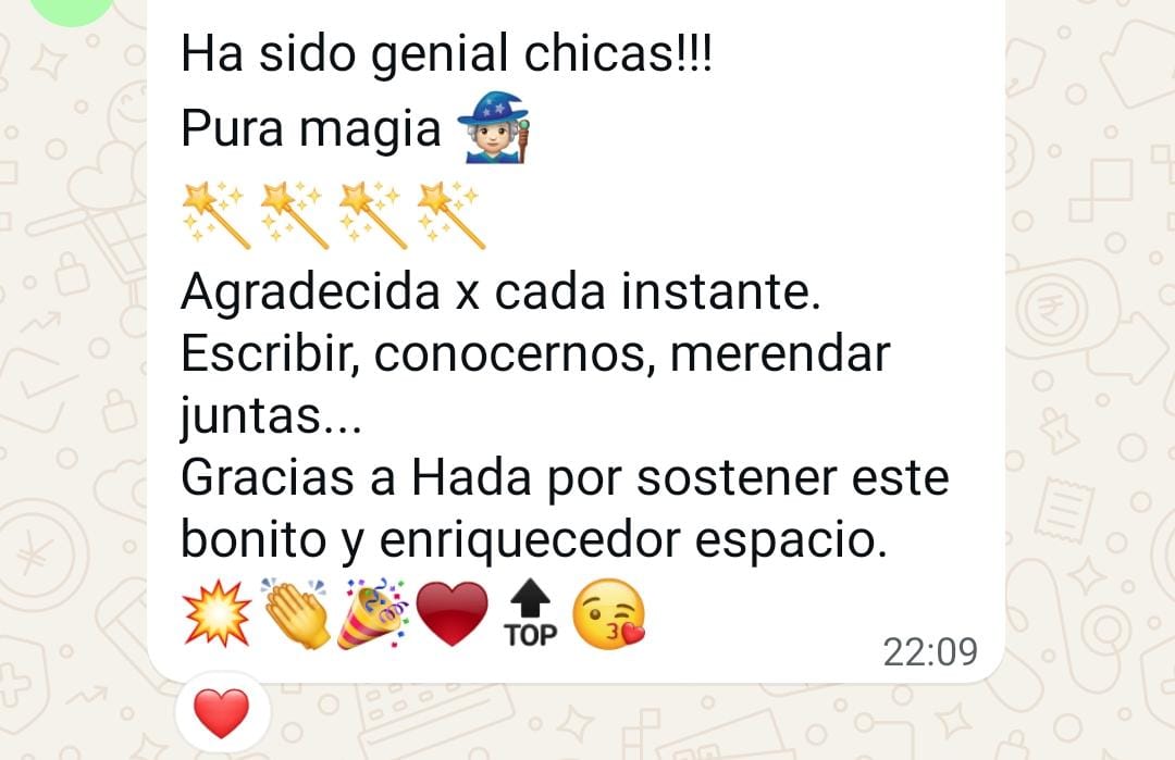 Spanish message thanking friends for magical moments, writing, meeting, and sharing together, with emojis.