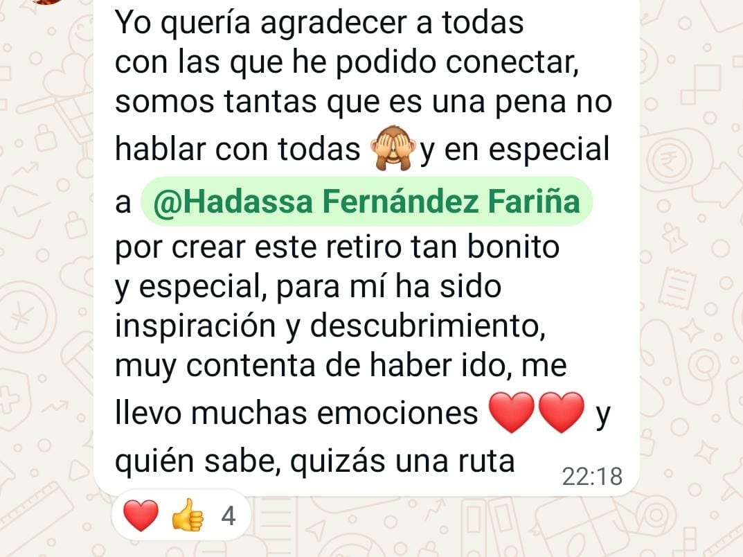 Spanish message thanking Hadassa Fernández Fariña for a special retreat full of inspiration and emotions.