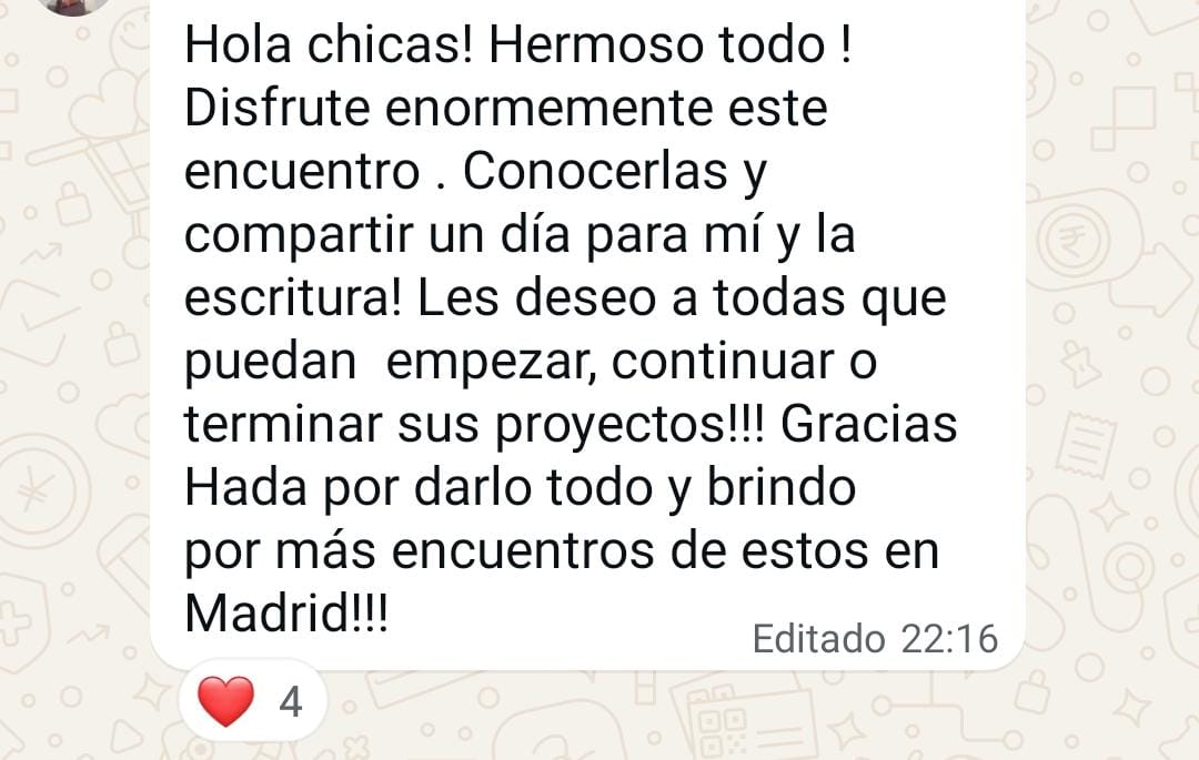Spanish text message expressing joy from a meeting and wishing success in projects with gratitude towards Hada.