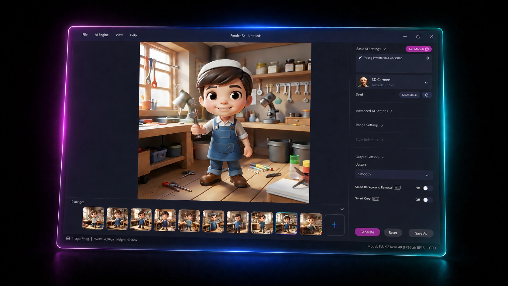 Render FX UI showing cartoon person in workshop
