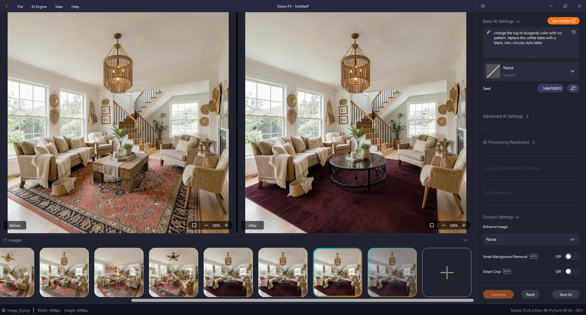 Vision FX UI - before/after of the rug and table edit