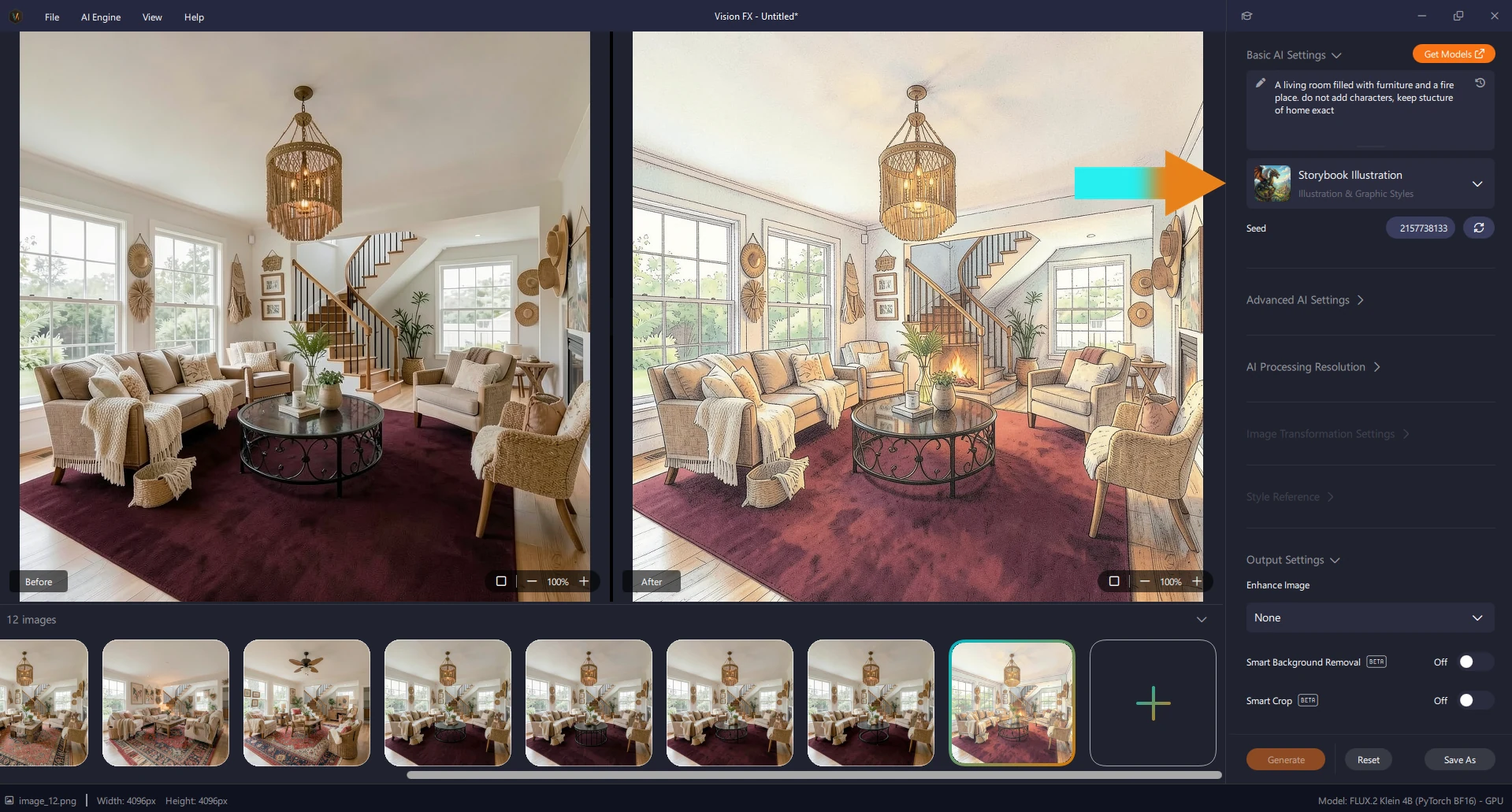 Vision FX UI - Storybook Illustration preset, before/after
