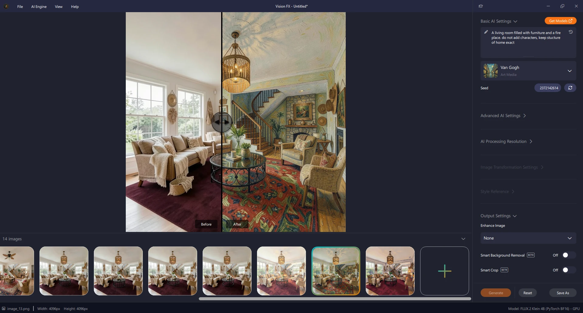 Vision FX UI - Van Gogh preset, before/after