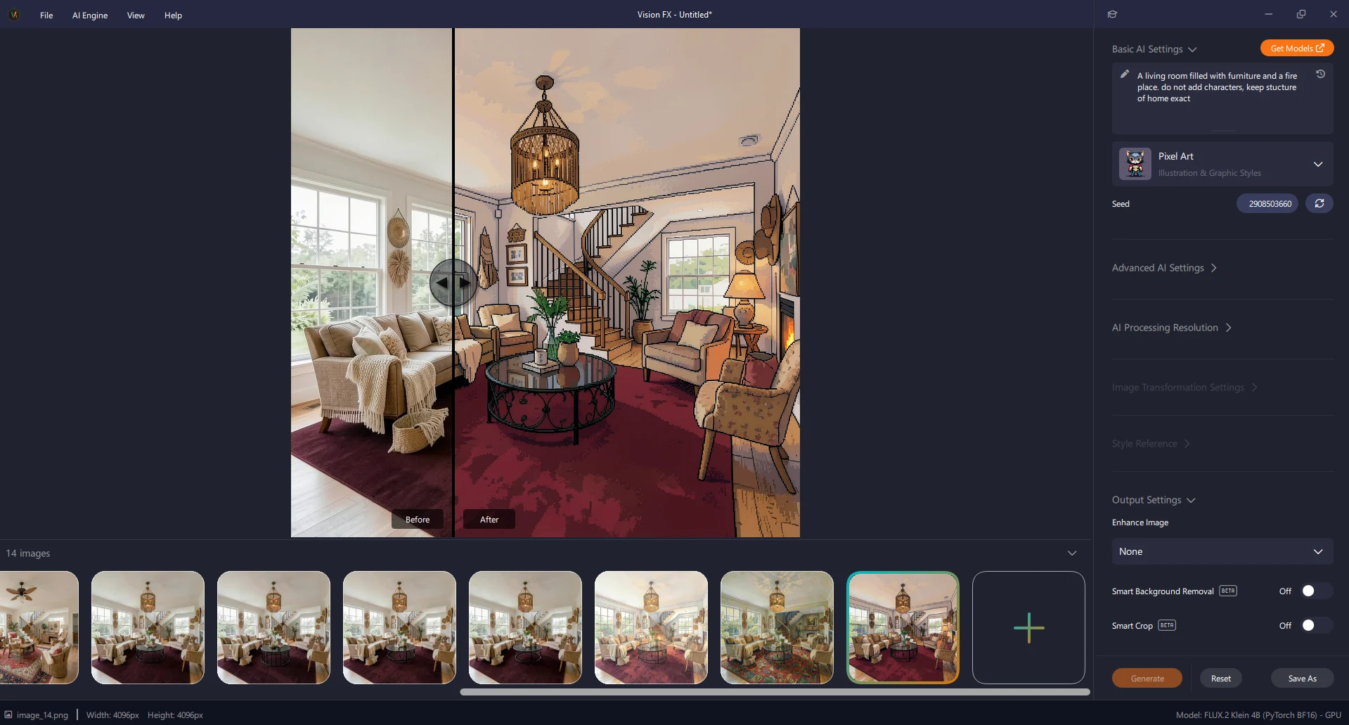 Vision FX UI - Pixel Art preset, before/after