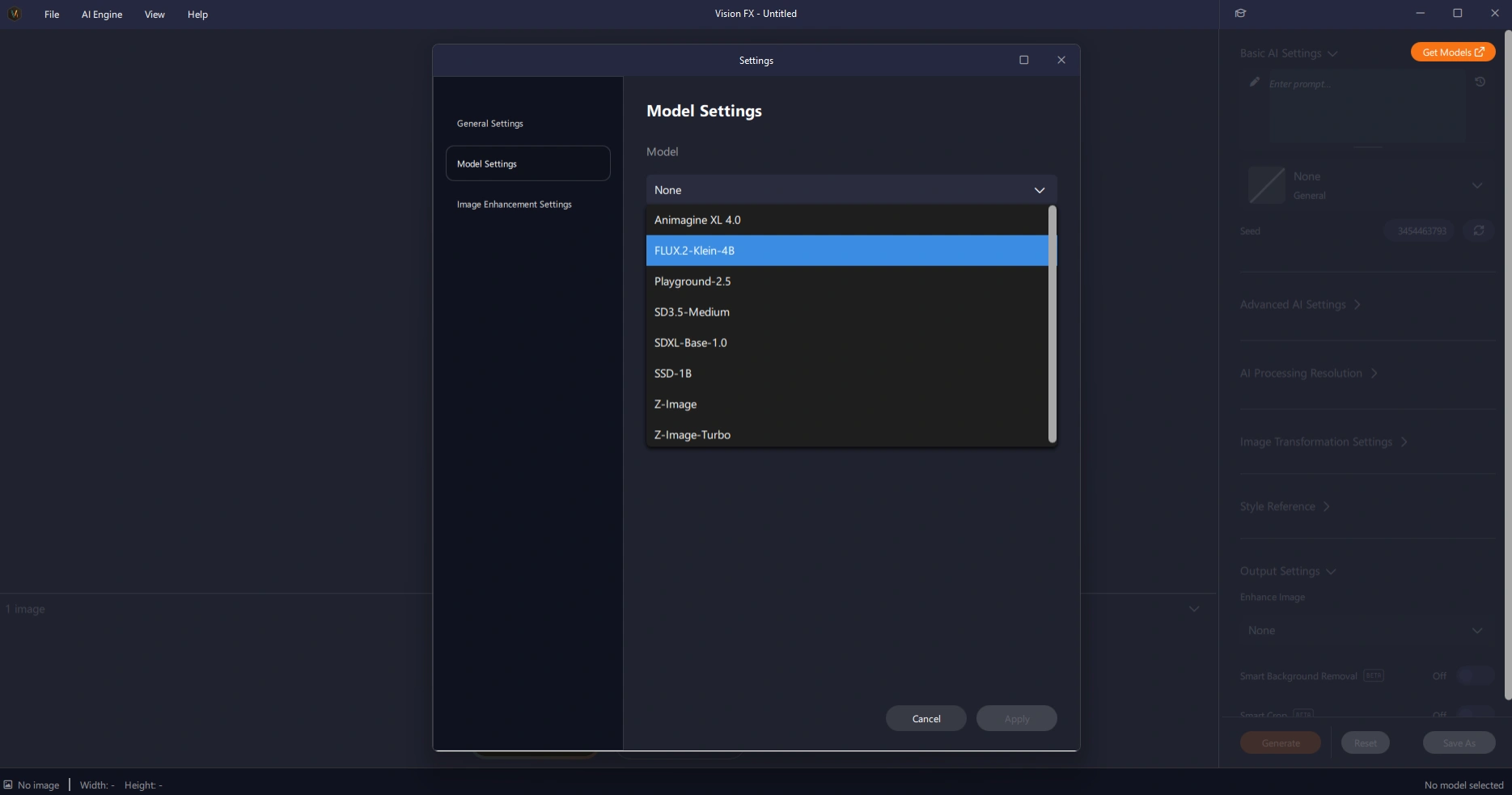 Vision FX UI example with no model loaded
