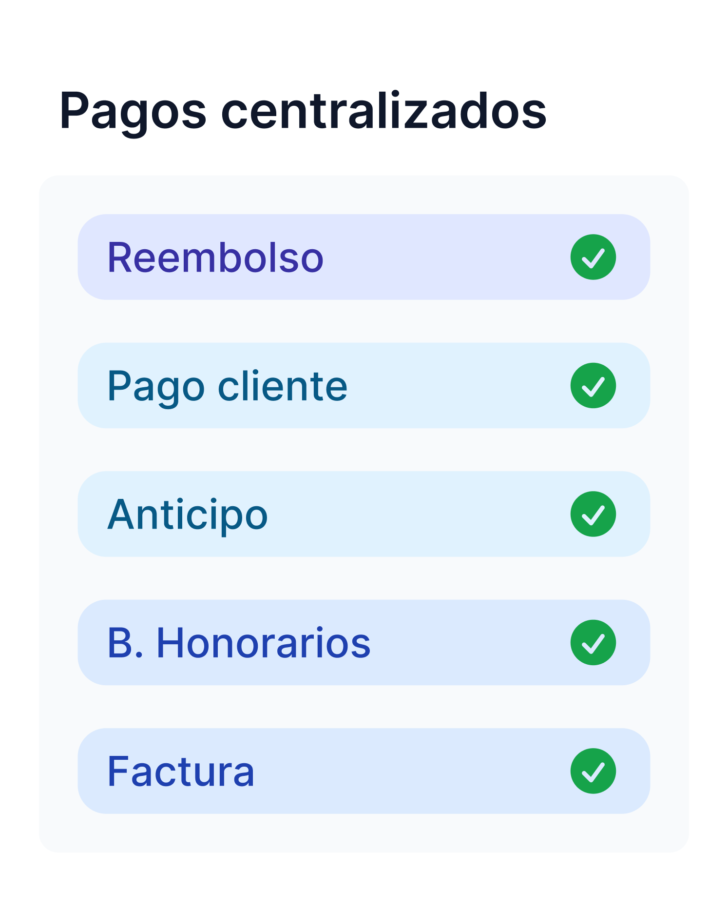 Listado con ejemplos de tipos de pagos que pueden ser gestionados a través de Bemmbo: reembolso, pago cliente, anticipo, boleta de honorario y factura.