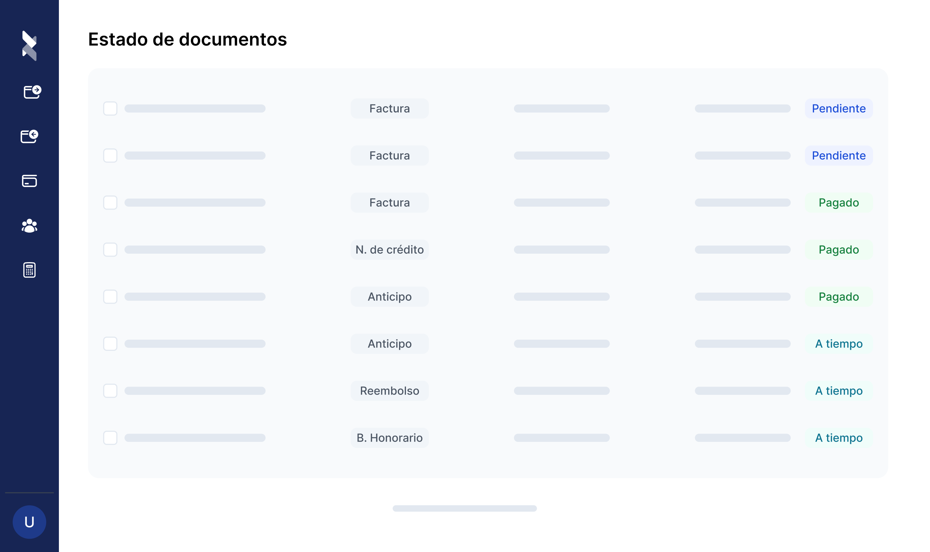 Versión simplificada del panel del módulo de pagos de Bemmbo. Listado con distintos tipos de pagos pendientes: reembolso, pago cliente, anticipo, boleta de honorario, factura y factura exenta.