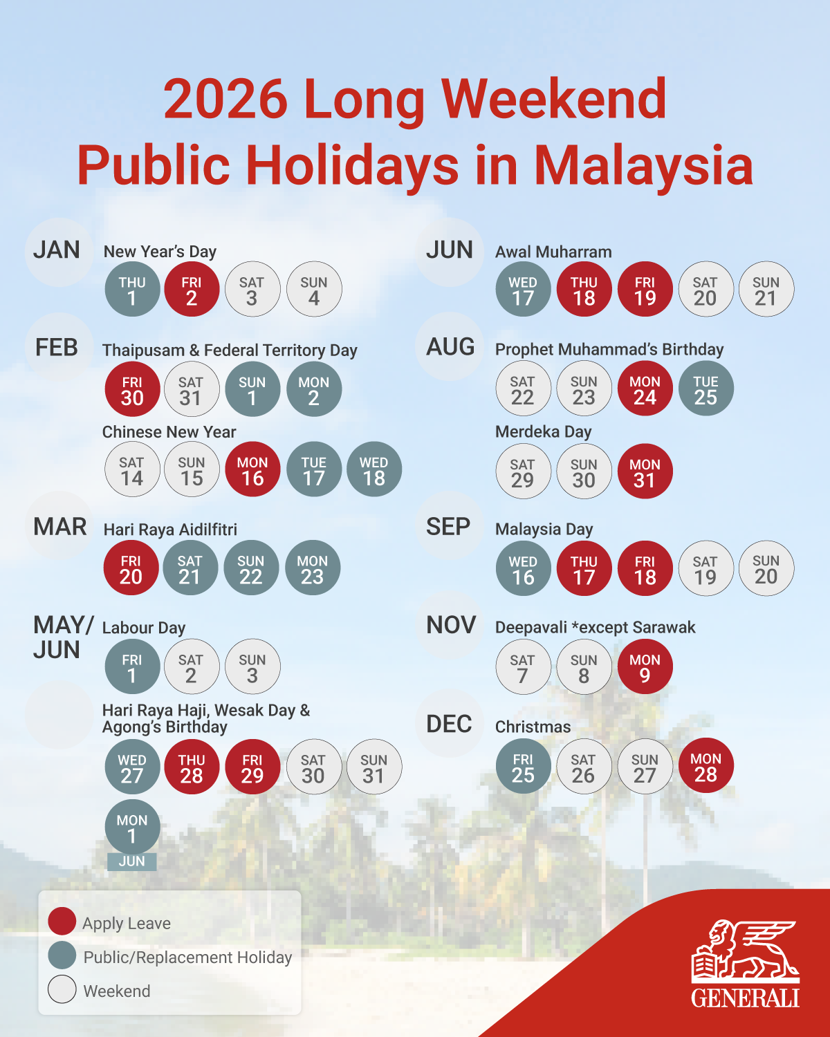 Malaysia long weekend and public holidays calendar in 2026