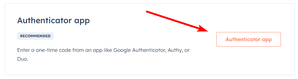 Authenticator app option in HubSpot