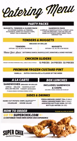 Catering menu for Super Chix