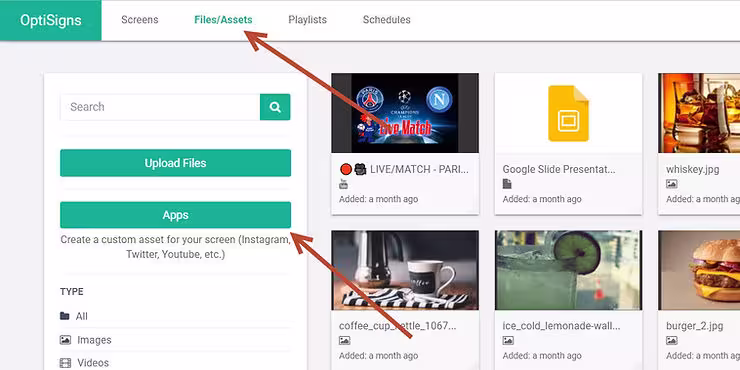Arrow pointing to where the 'Apps' button is located on OptiSigns Digital Signage Software