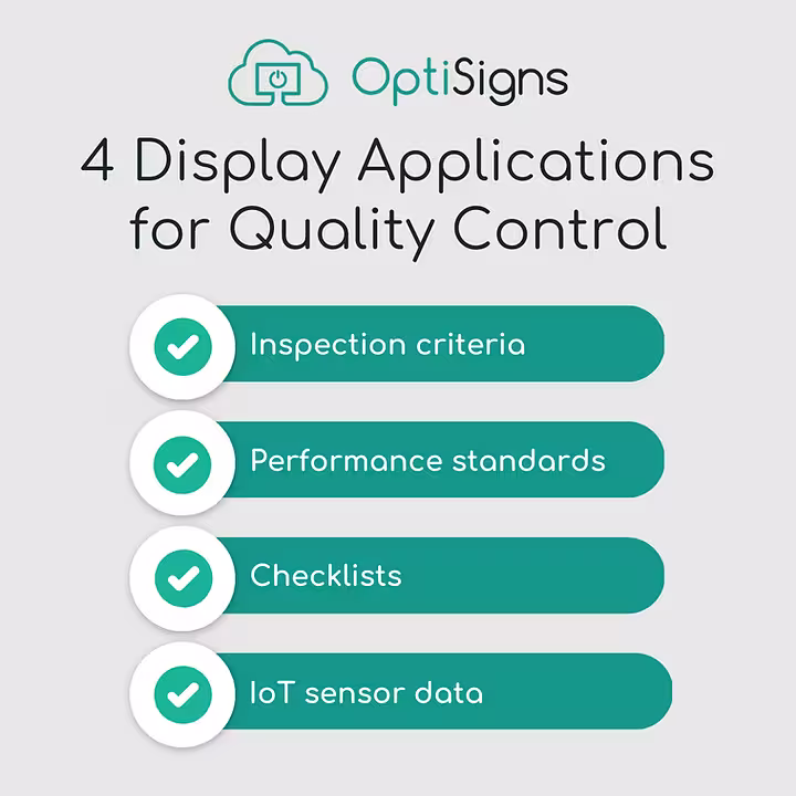 Graphic showing 4 display applications for quality control for OptiSigns