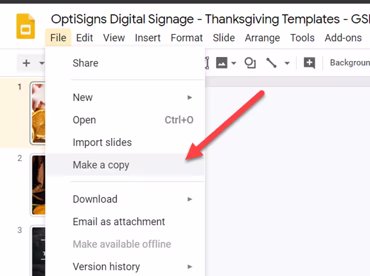 Arrow pointing to how to create a copy of a Google Slides PowerPoint