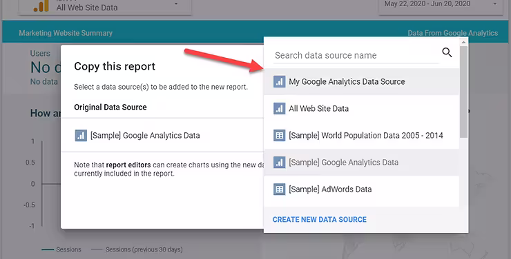 Arrow pointing to selecting the data source for the template
