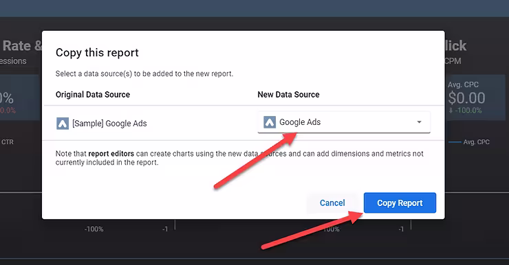 Arrow pointing to where to select the data source for the template selected on Google Data Studio